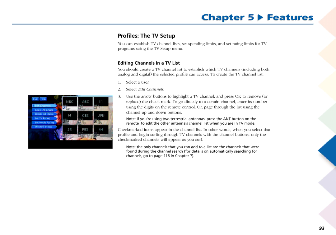 RCA L50000 manual Profiles The TV Setup, Editing Channels in a TV List 