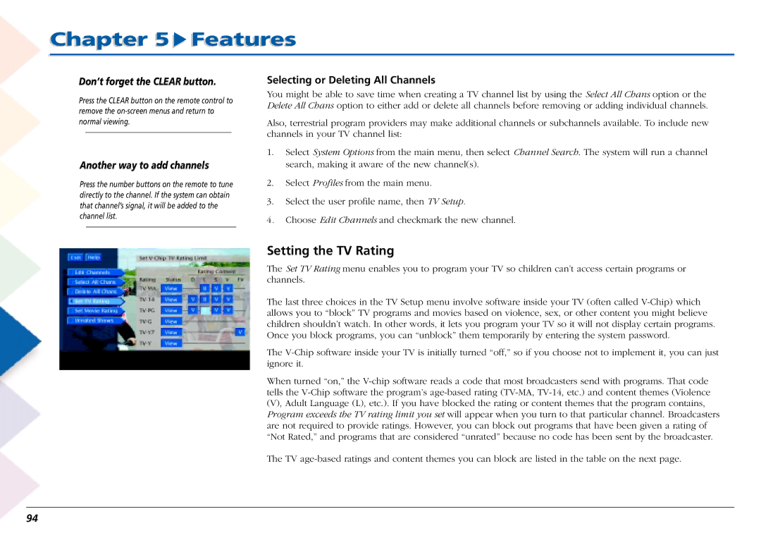 RCA L50000 manual Setting the TV Rating, Don’t forget the Clear button, Another way to add channels 