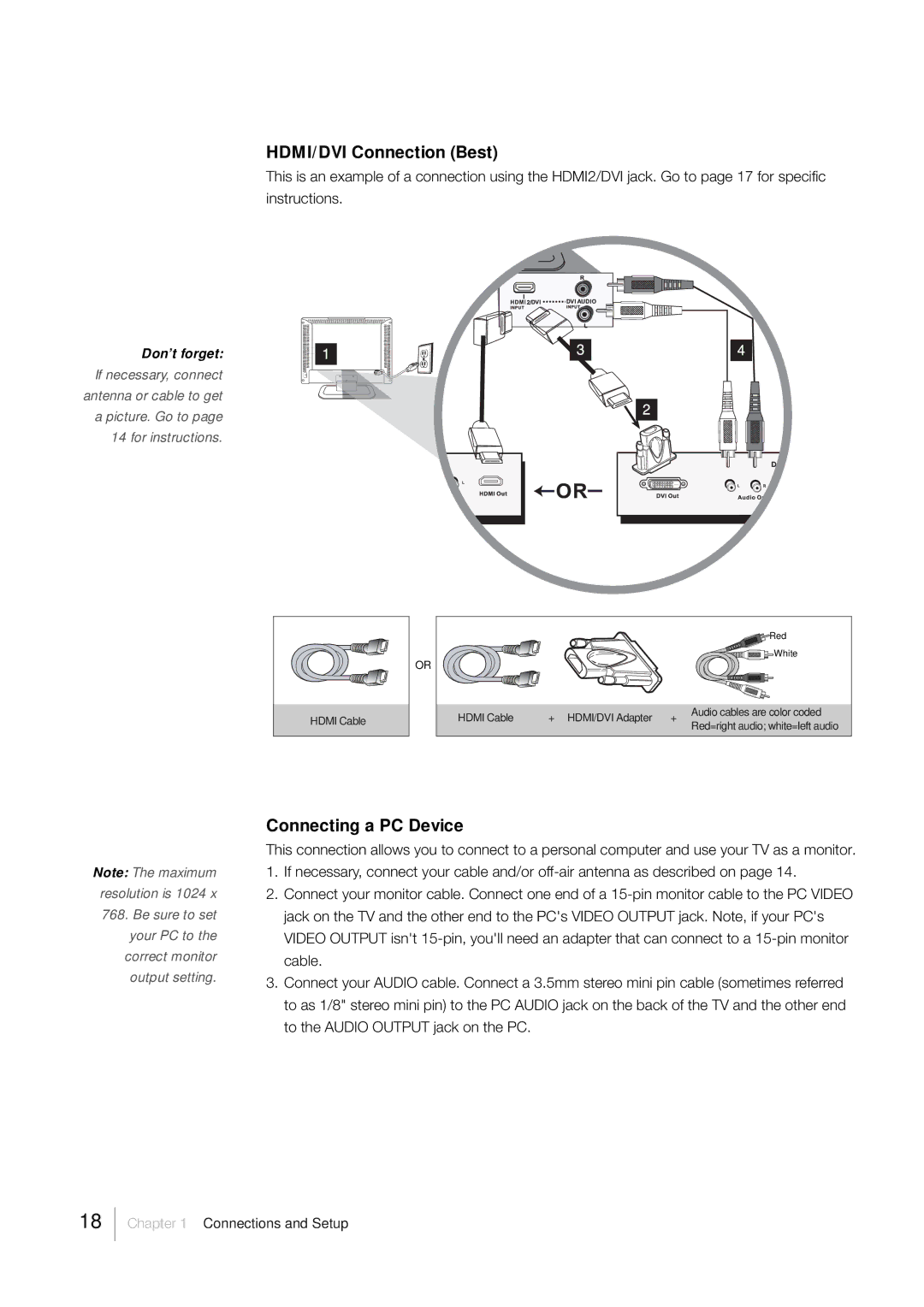 RCA LCD FLAT PANEL HDTV warranty HDMI/DVI Connection Best, Connecting a PC Device 