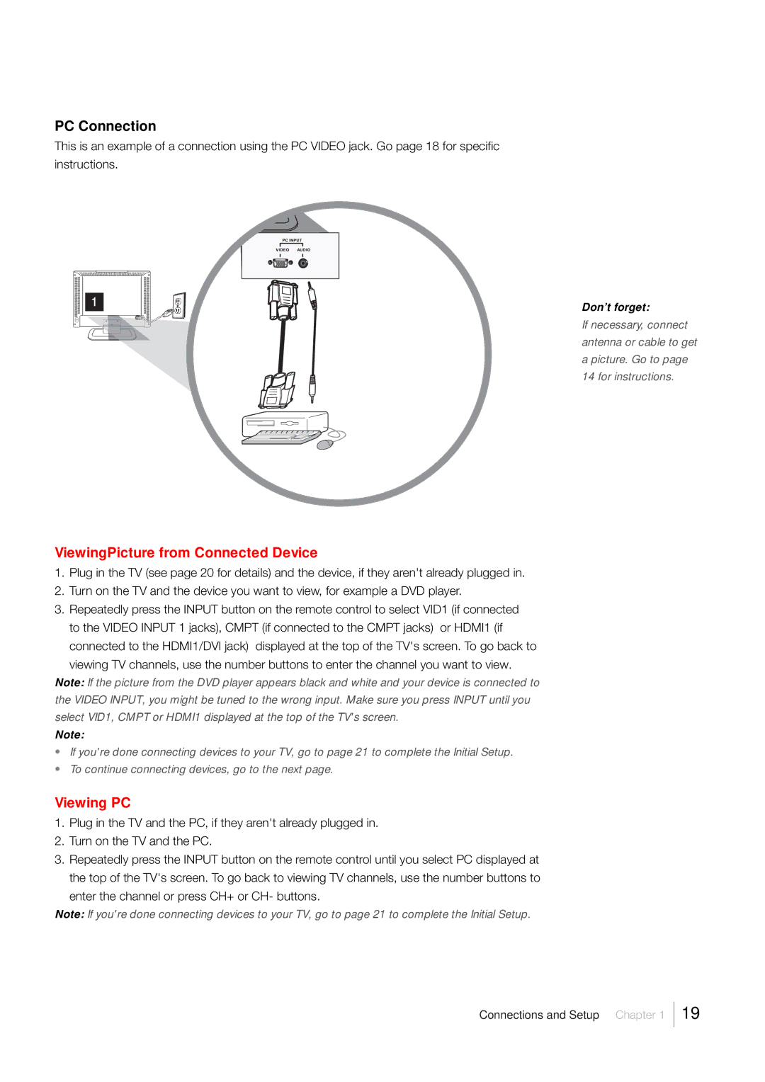 RCA LCD FLAT PANEL HDTV warranty PC Connection, ViewingPicture from Connected Device, Viewing PC 