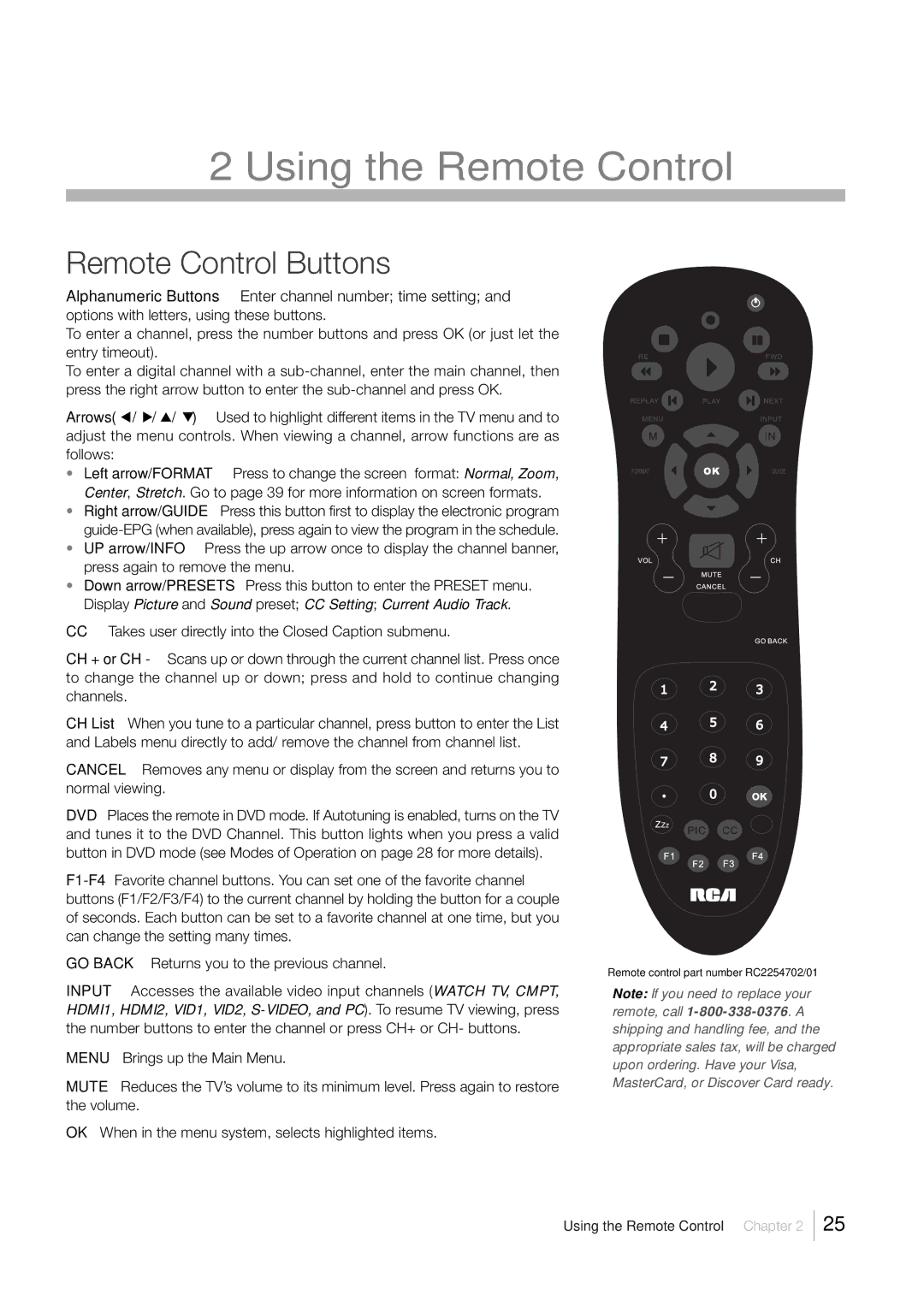 RCA LCD FLAT PANEL HDTV warranty Using the Remote Control, Remote Control Buttons 