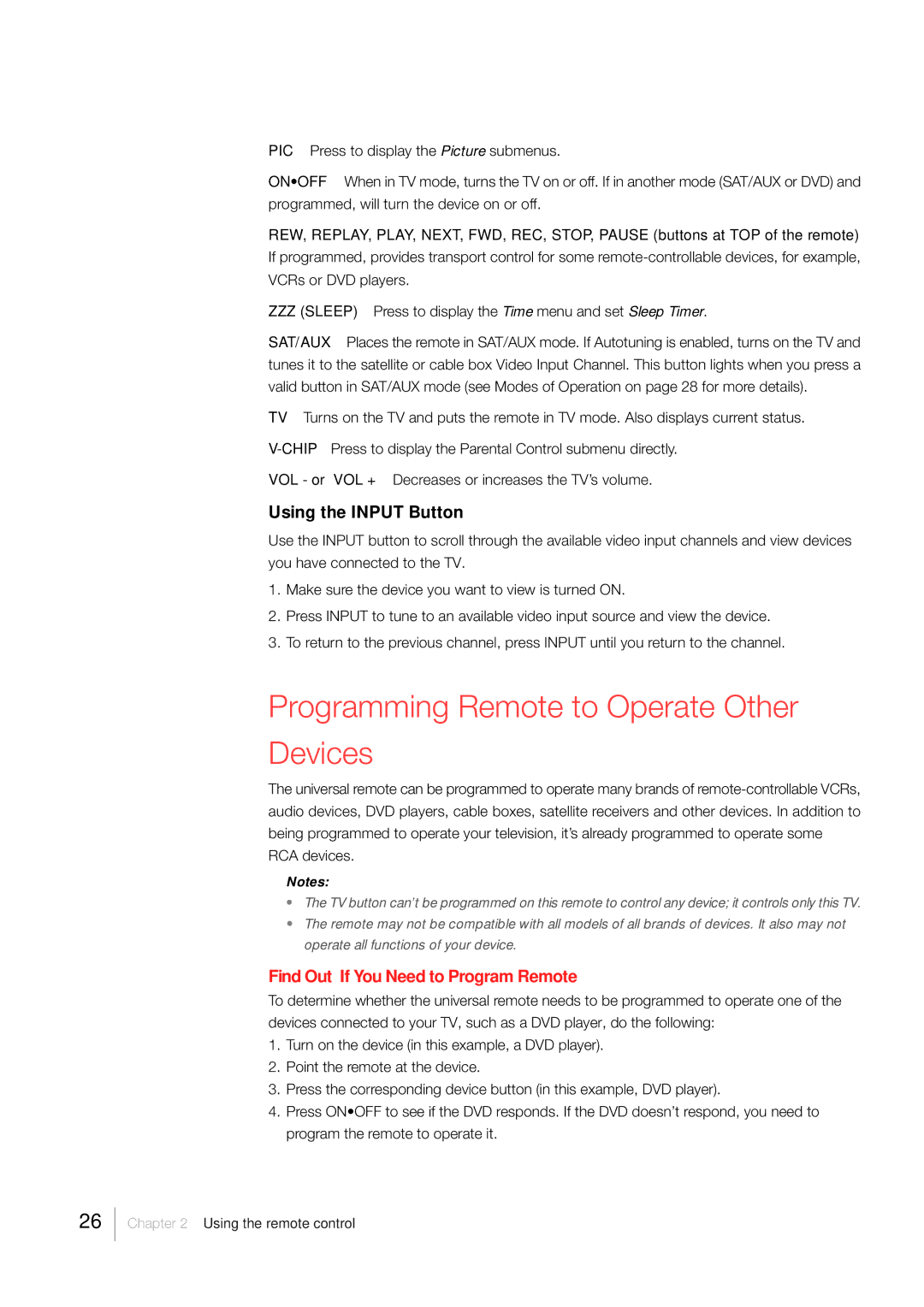 RCA LCD FLAT PANEL HDTV warranty Programming Remote to Operate Other Devices, Using the Input Button 