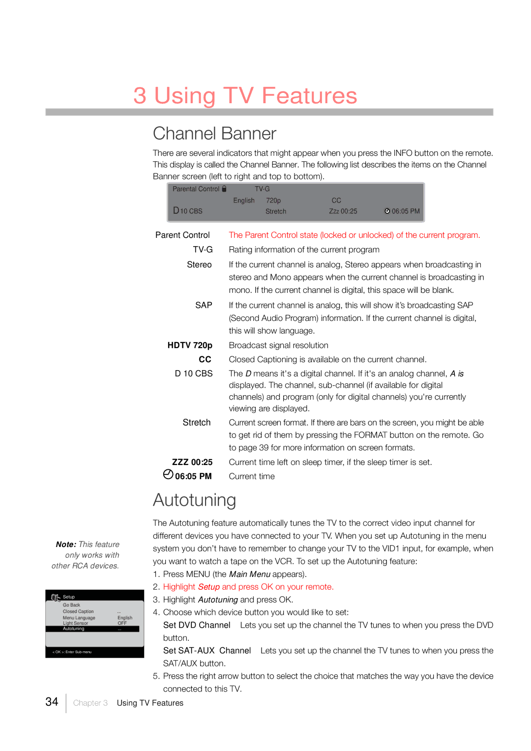 RCA LCD FLAT PANEL HDTV warranty Channel Banner, Autotuning 