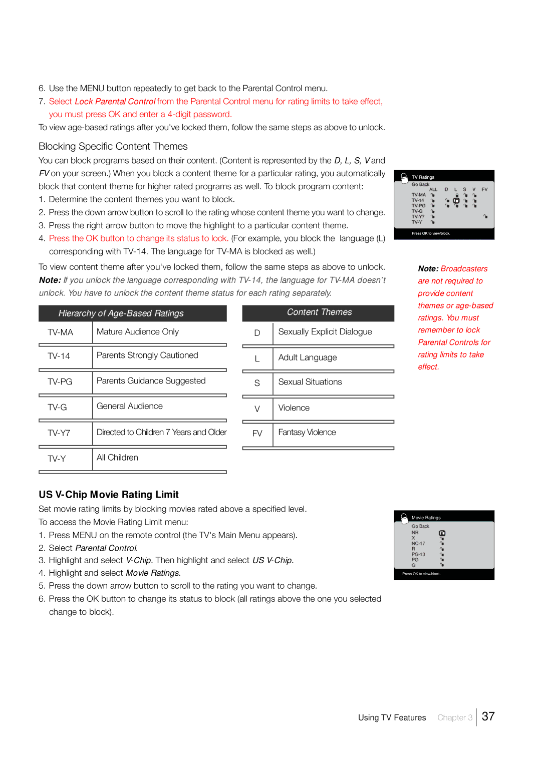 RCA LCD FLAT PANEL HDTV warranty Blocking Specific Content Themes, US V-Chip Movie Rating Limit 