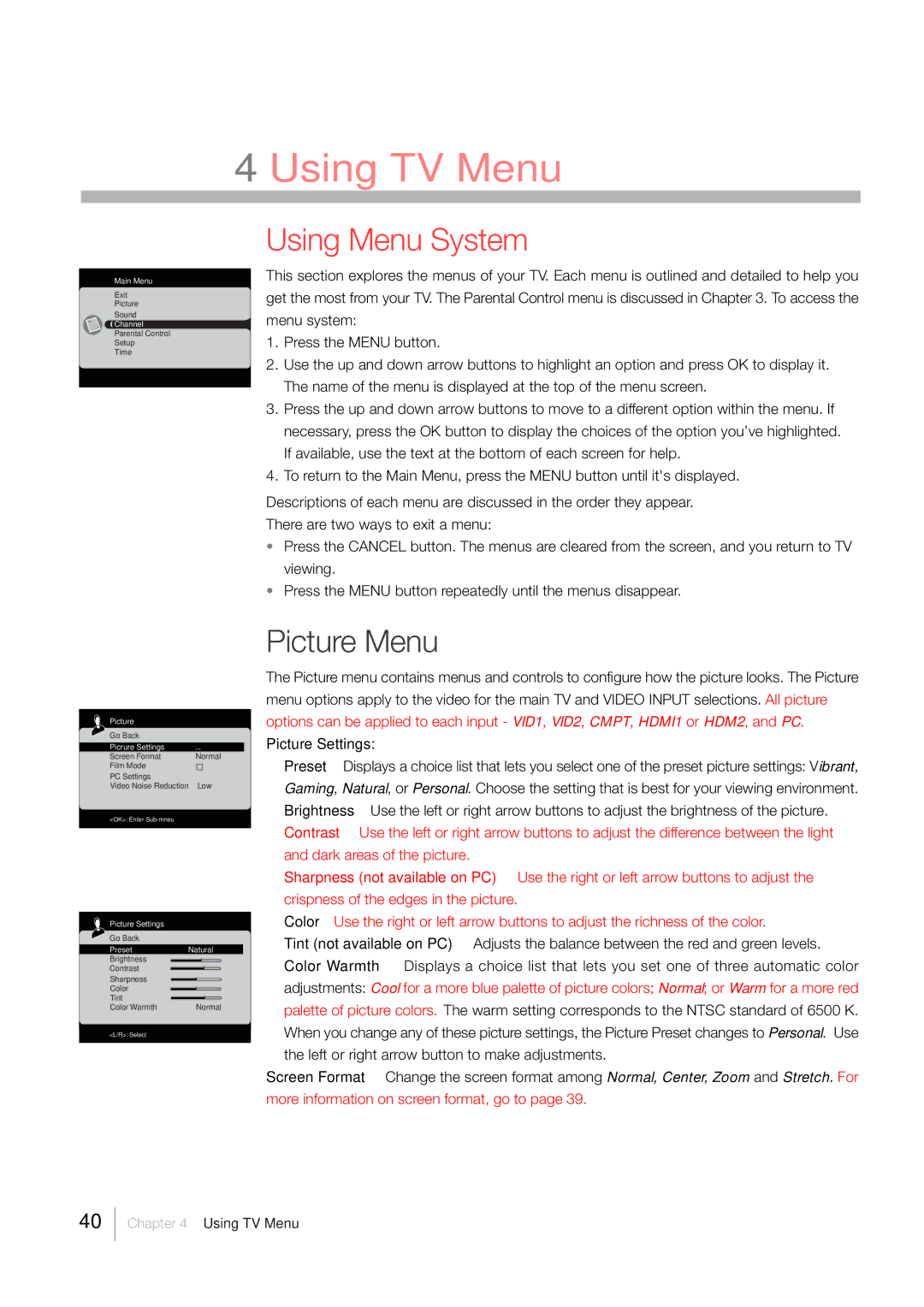 RCA LCD FLAT PANEL HDTV warranty Using Menu System, Picture Menu 