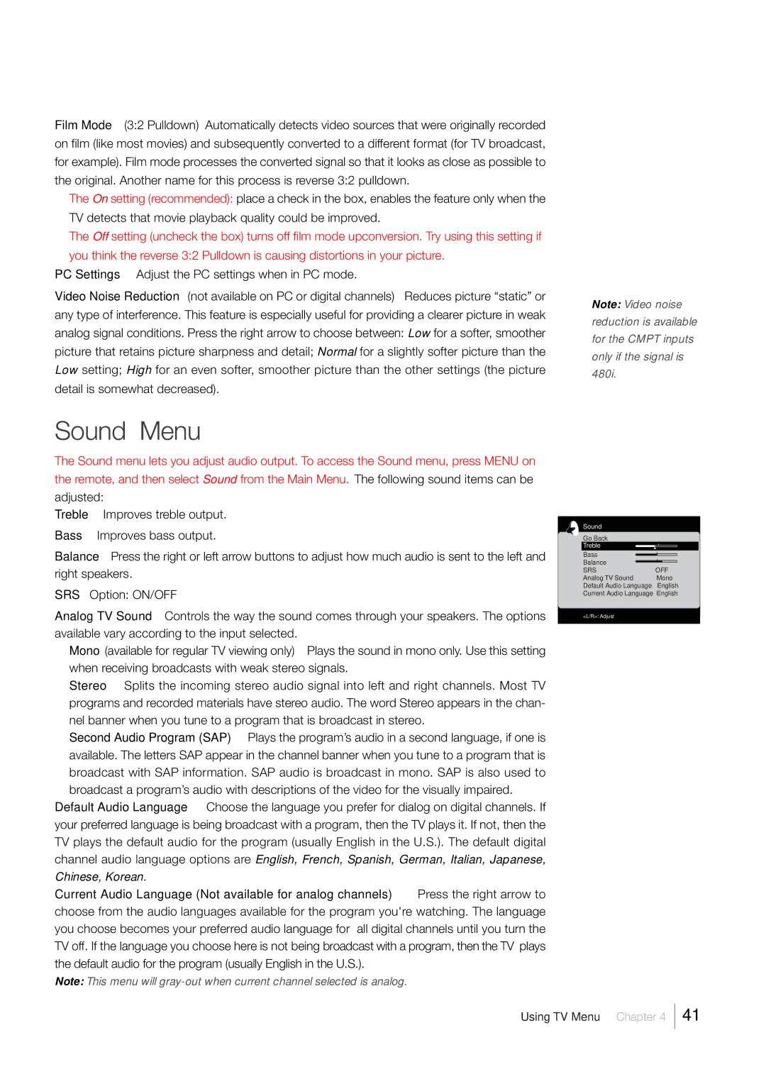 RCA LCD FLAT PANEL HDTV warranty Sound Menu, Using TV Menu Chapter 