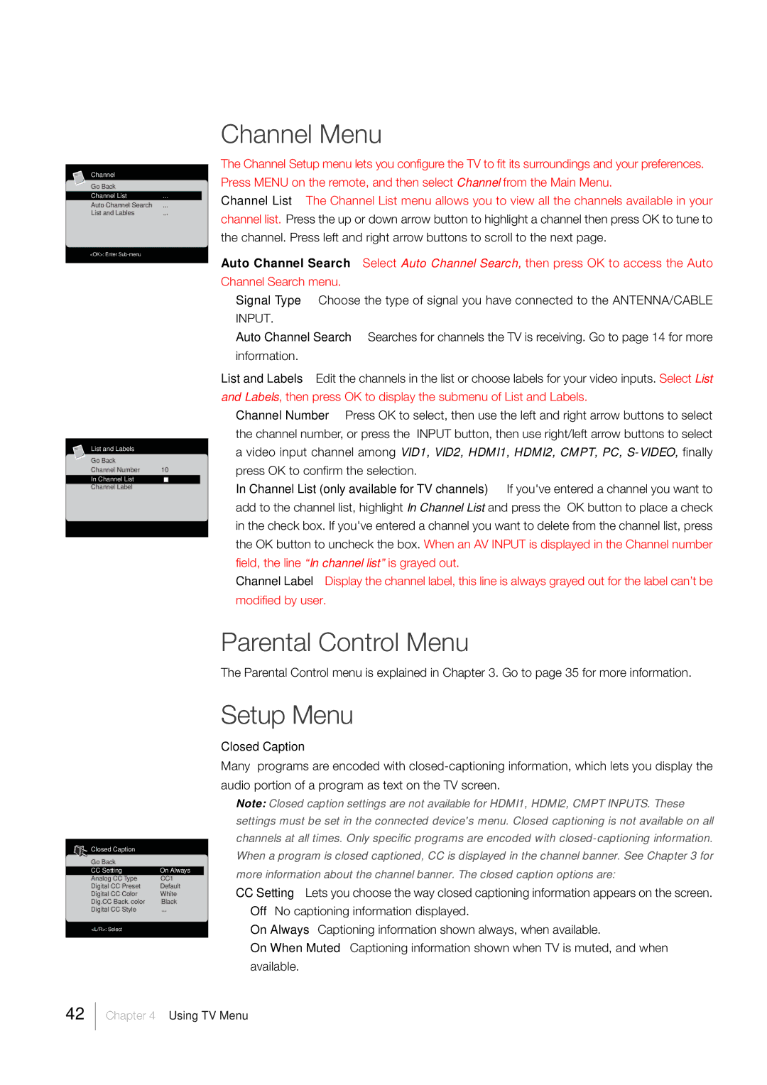 RCA LCD FLAT PANEL HDTV warranty Channel Menu, Parental Control Menu, Setup Menu 