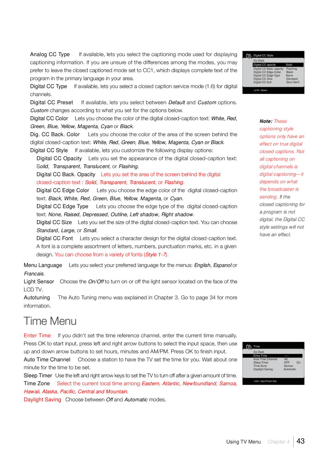 RCA LCD FLAT PANEL HDTV warranty Time Menu, Lcd Tv 