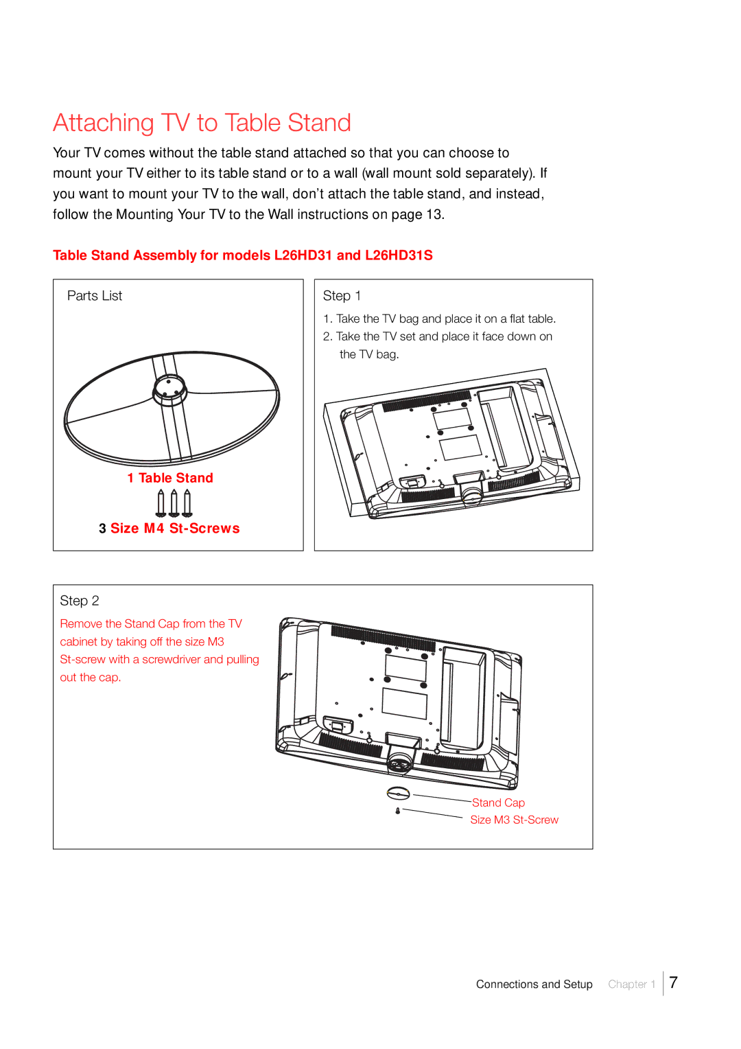 RCA LCD FLAT PANEL HDTV Attaching TV to Table Stand, Table Stand Assembly for models L26HD31 and L26HD31S, Parts List 