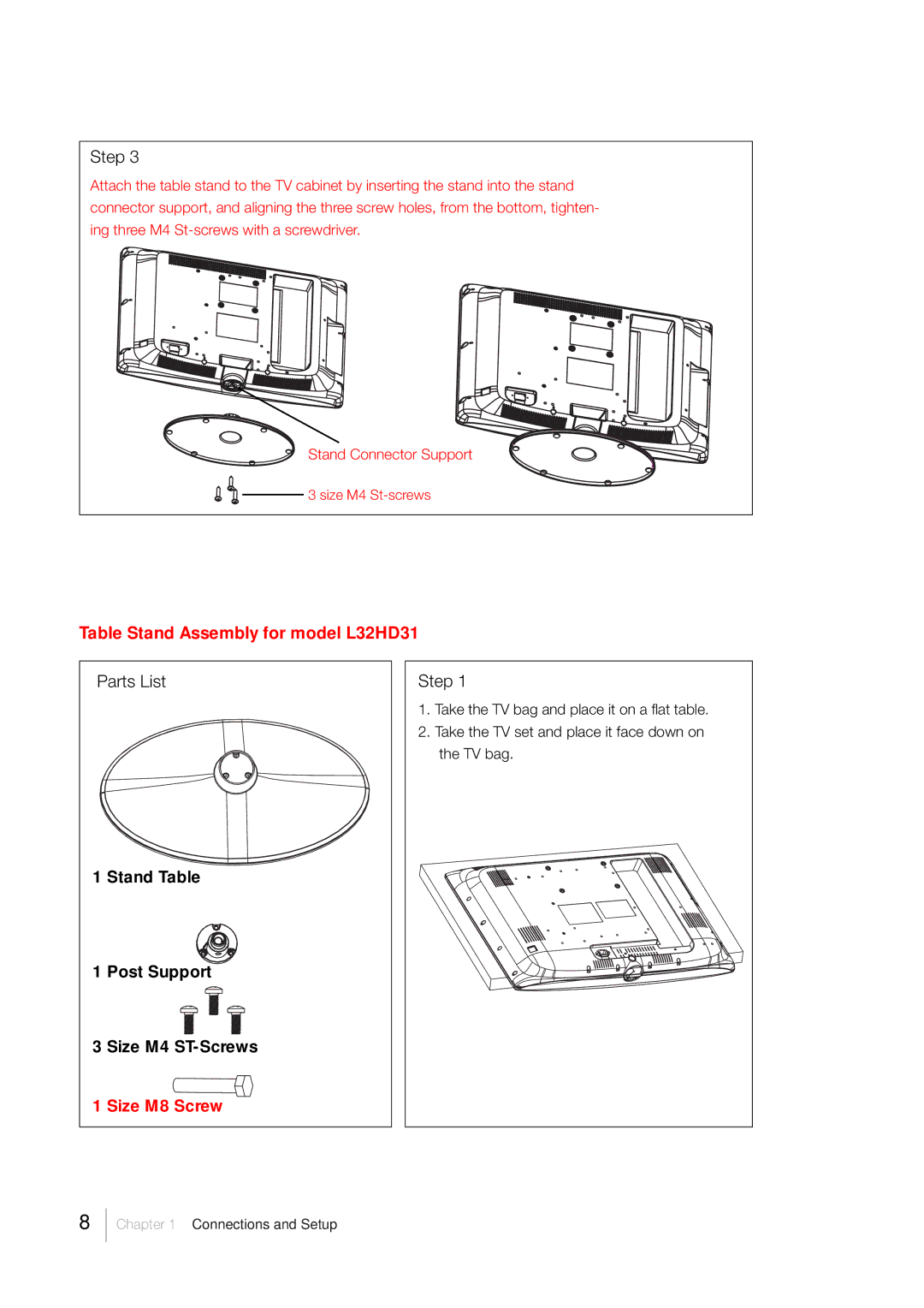 RCA LCD FLAT PANEL HDTV warranty Table Stand Assembly for model L32HD31, Stand Table, Post Support, Size M4 ST-Screws 