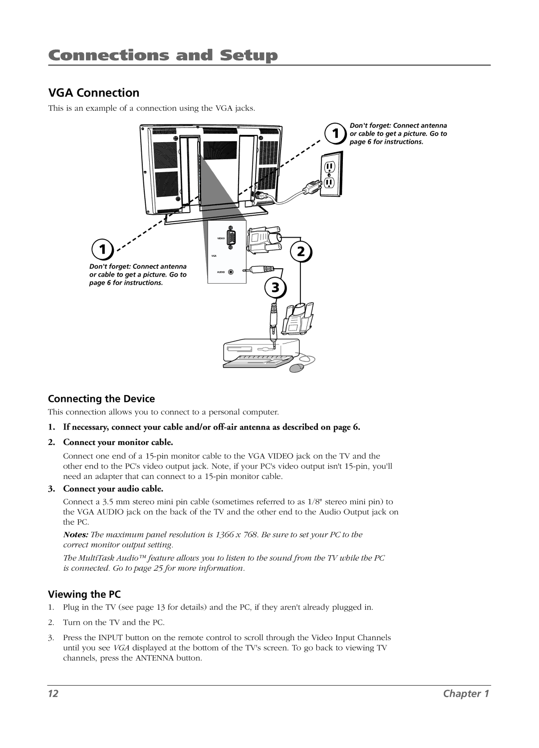 RCA LCD manual VGA Connection, Viewing the PC 