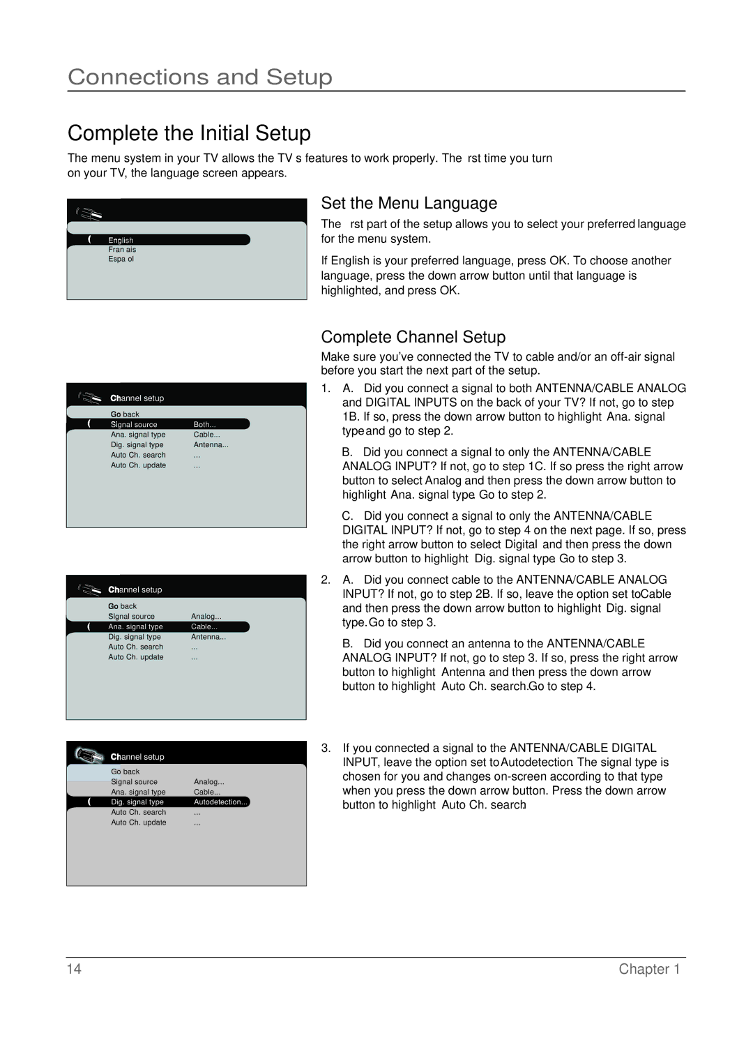 RCA LCD manual Complete the Initial Setup, Set the Menu Language, Complete Channel Setup 