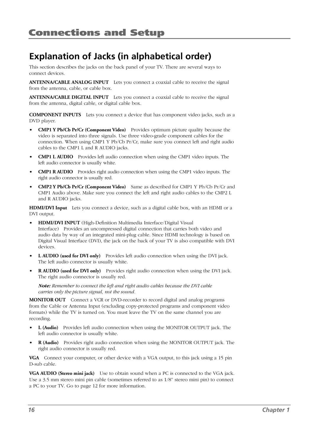 RCA LCD manual Explanation of Jacks in alphabetical order 