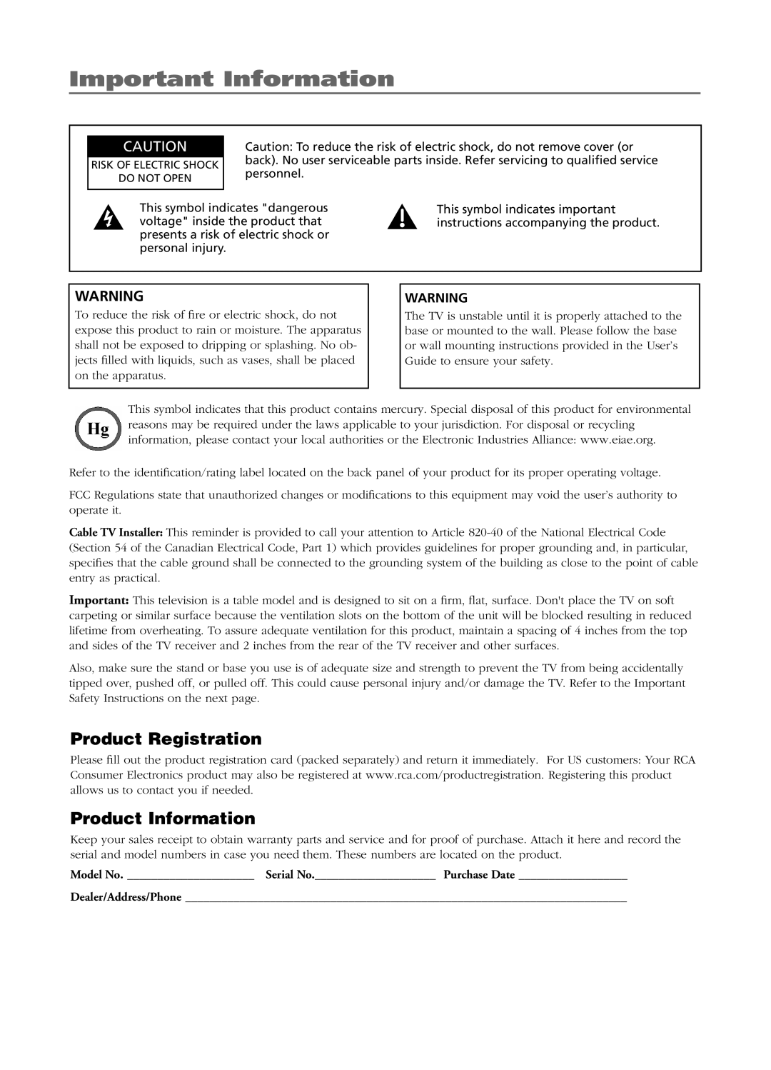 RCA LCD manual Important Information, Product Registration Product Information 