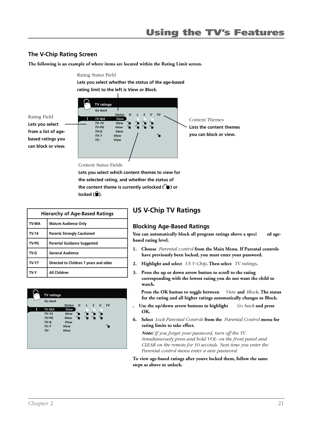 RCA LCD manual US V-Chip TV Ratings, V-Chip Rating Screen, Blocking Age-Based Ratings, Hierarchy of Age-Based Ratings 