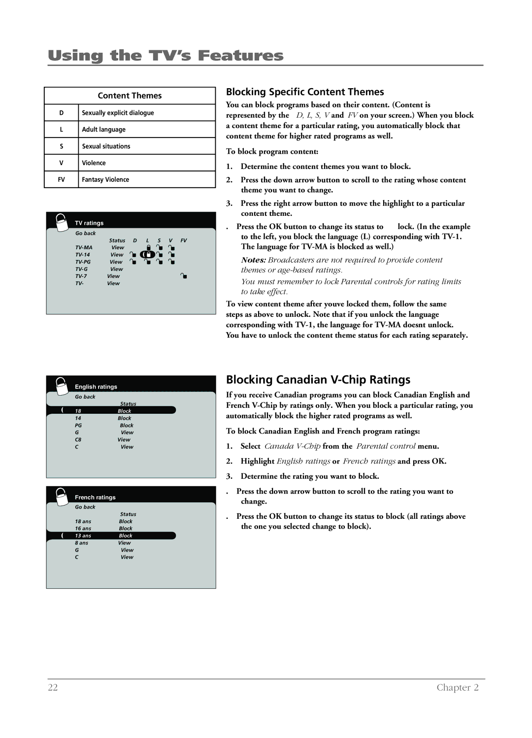 RCA LCD manual Blocking Canadian V-Chip Ratings, Blocking Speciﬁc Content Themes 