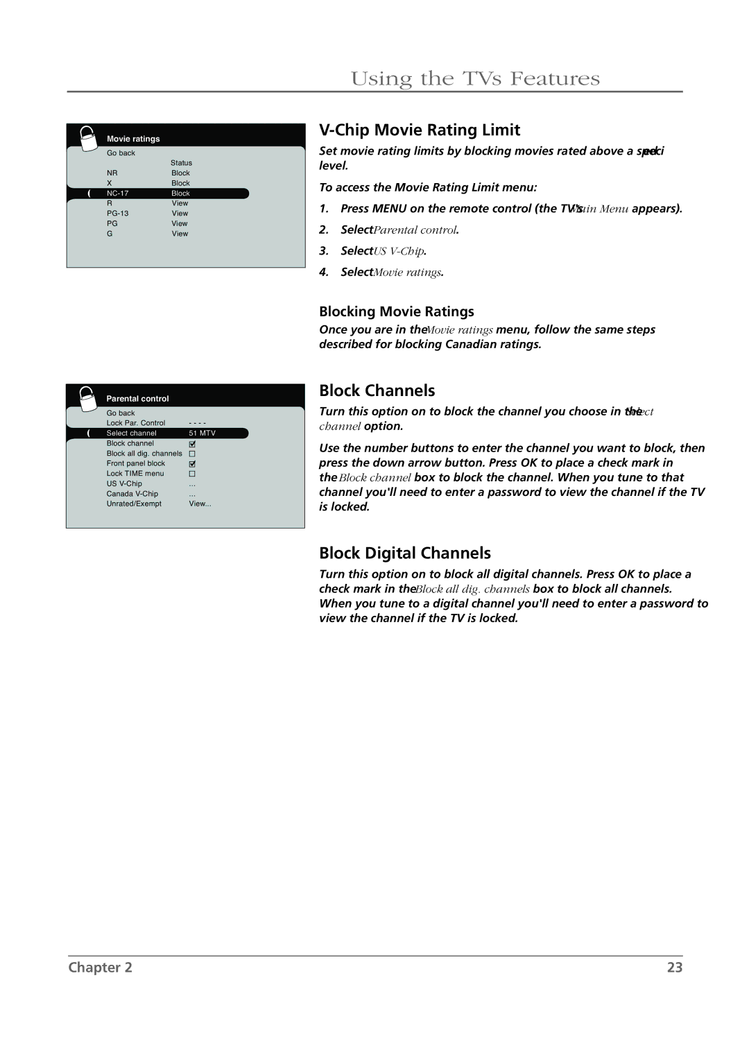 RCA LCD manual Chip Movie Rating Limit, Block Channels, Block Digital Channels, Blocking Movie Ratings 