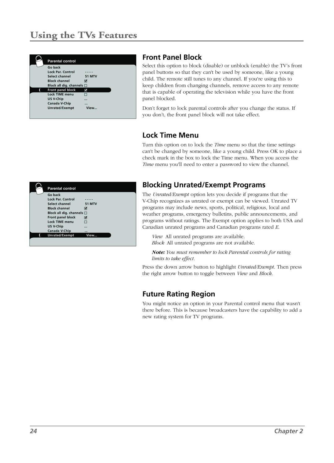 RCA LCD manual Front Panel Block, Lock Time Menu, Blocking Unrated/Exempt Programs, Future Rating Region 