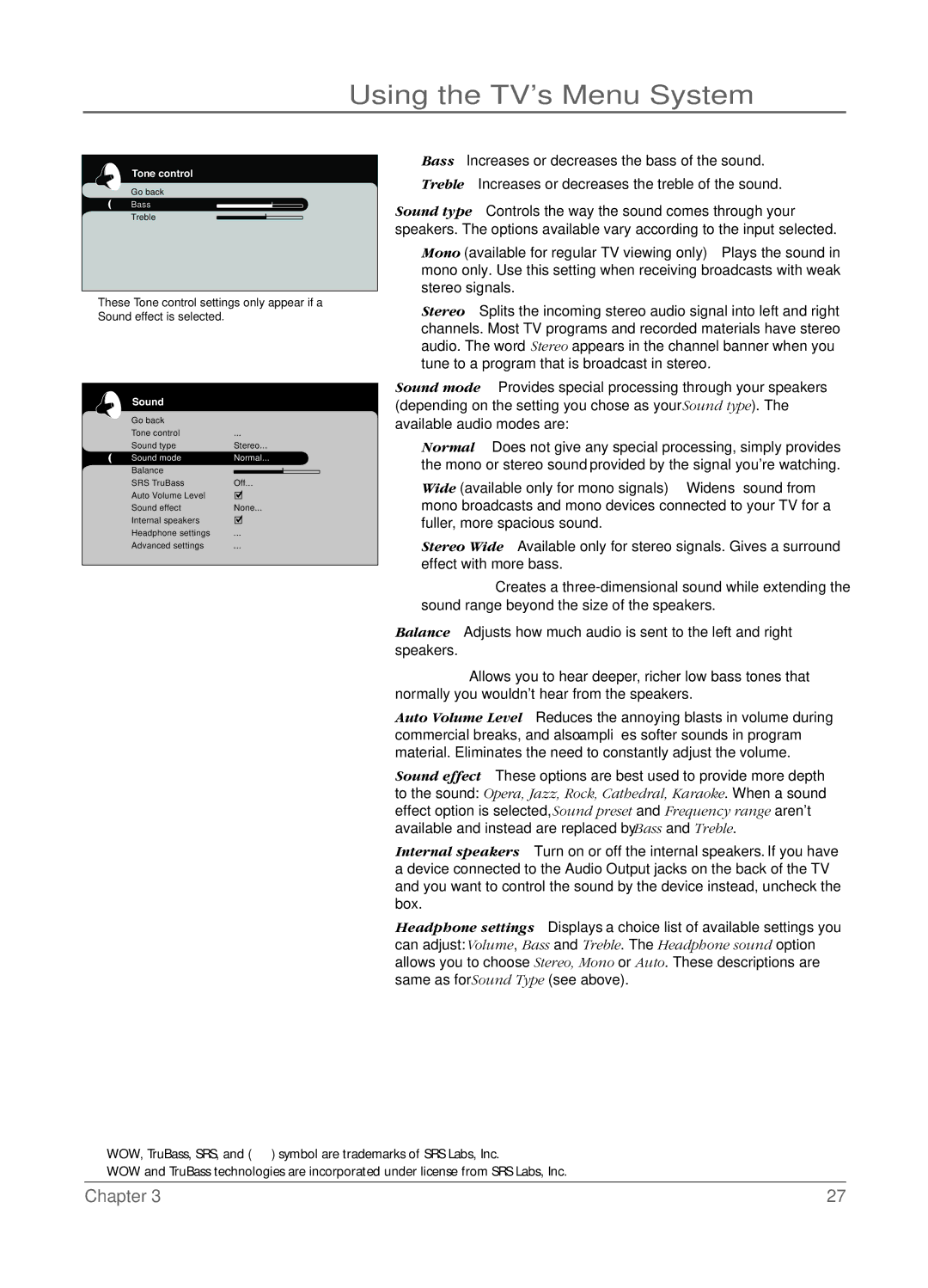 RCA LCD manual Using the TVs Menu System, Sound mode Normal 