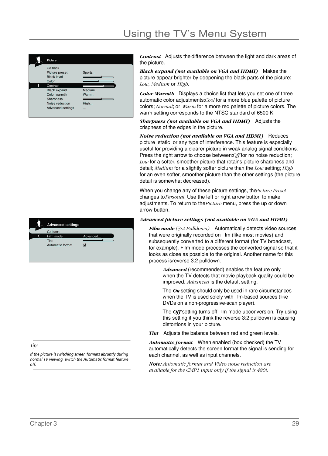 RCA LCD manual Advanced picture settings not available on VGA and Hdmi 