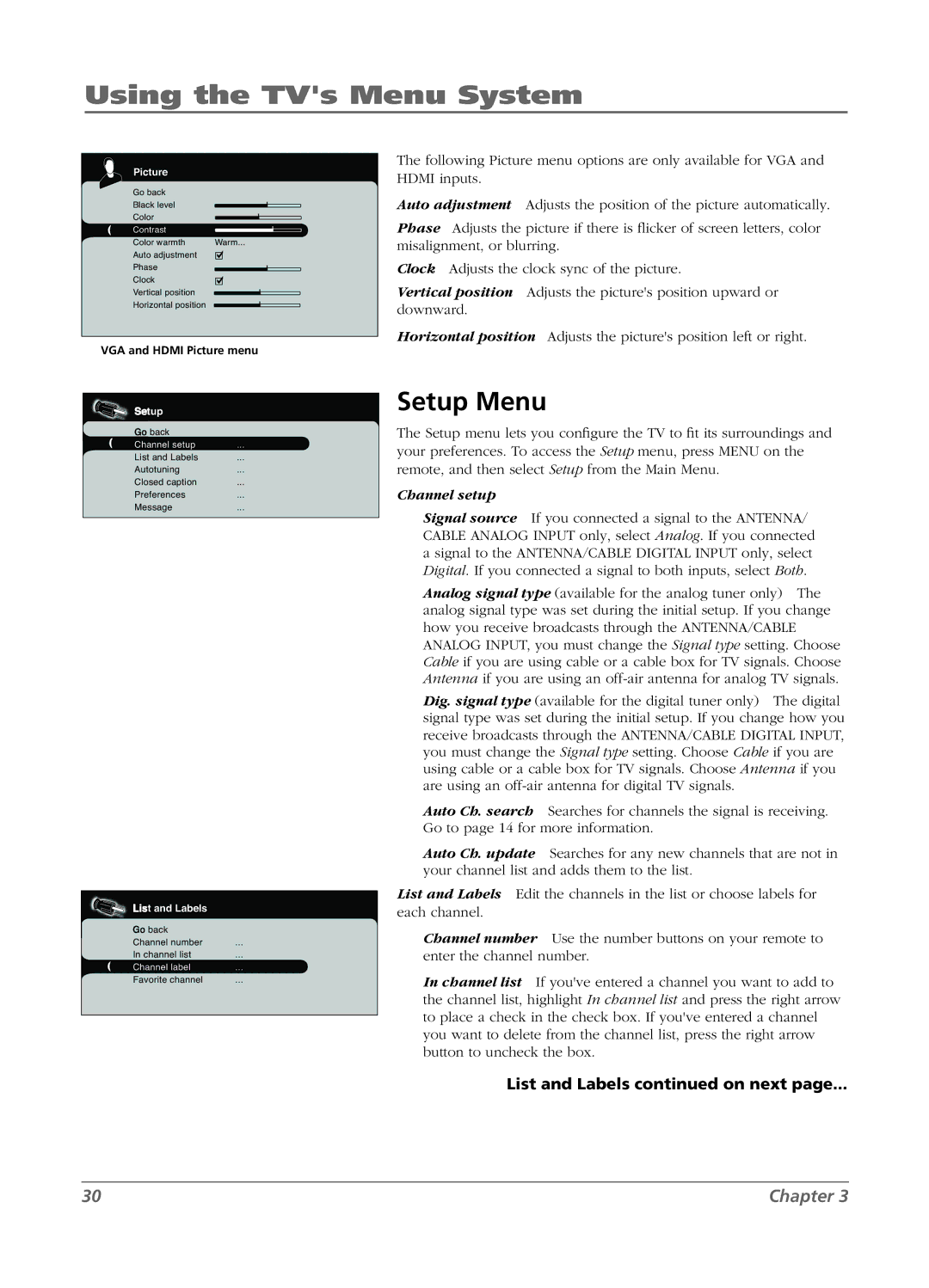 RCA LCD manual Setup Menu, VGA and Hdmi Picture menu 