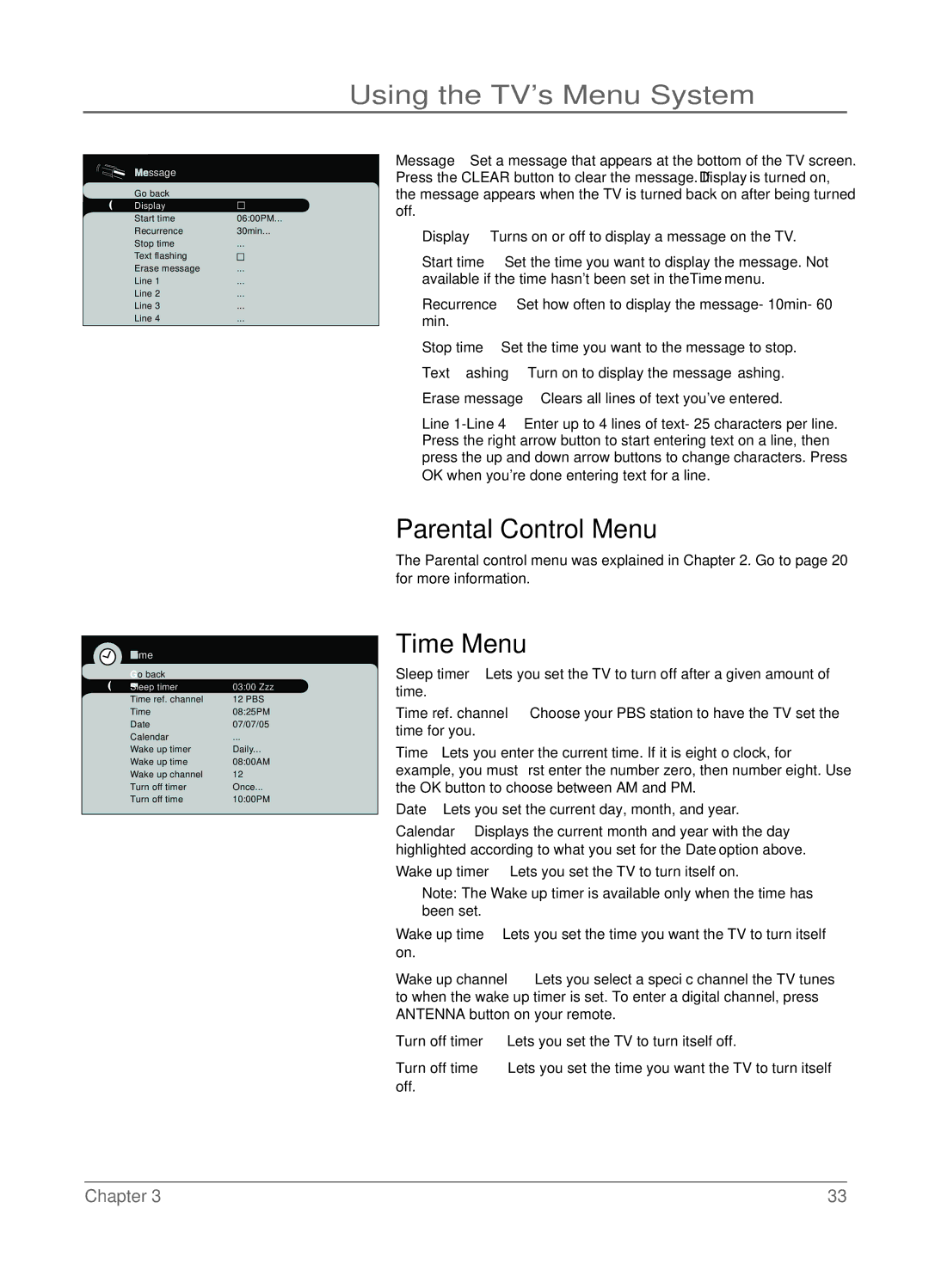 RCA LCD manual Parental Control Menu, Time Menu 