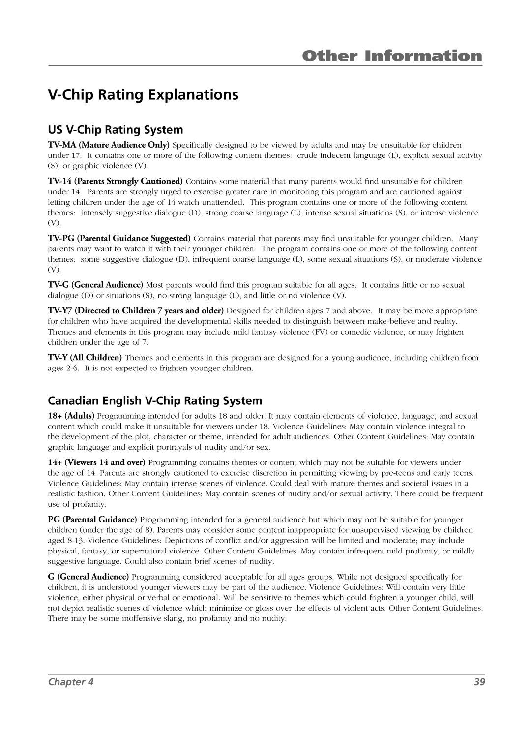 RCA LCD manual Chip Rating Explanations, US V-Chip Rating System, Canadian English V-Chip Rating System 