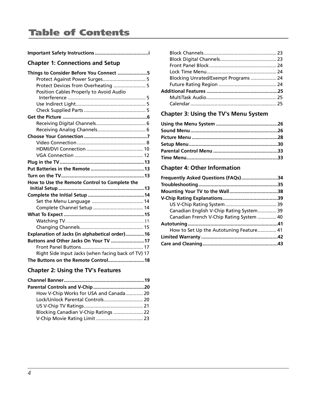 RCA LCD manual Table of Contents 