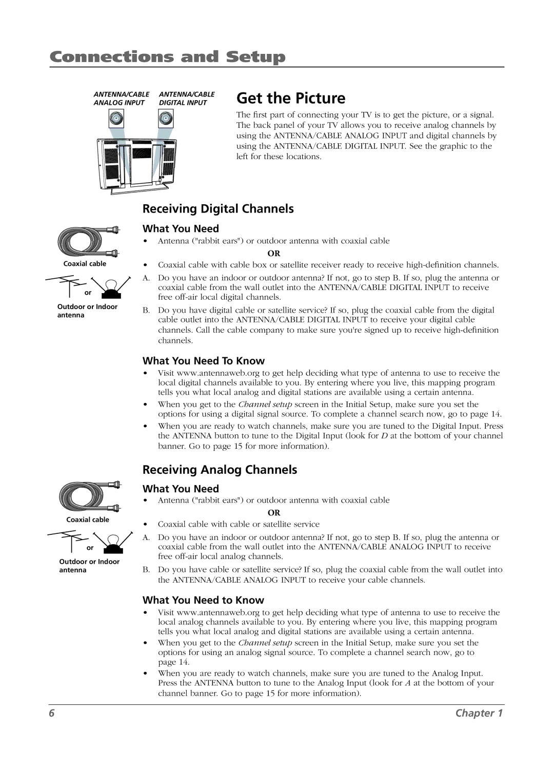 RCA LCD manual Connections and Setup, Get the Picture, Receiving Digital Channels, Receiving Analog Channels 