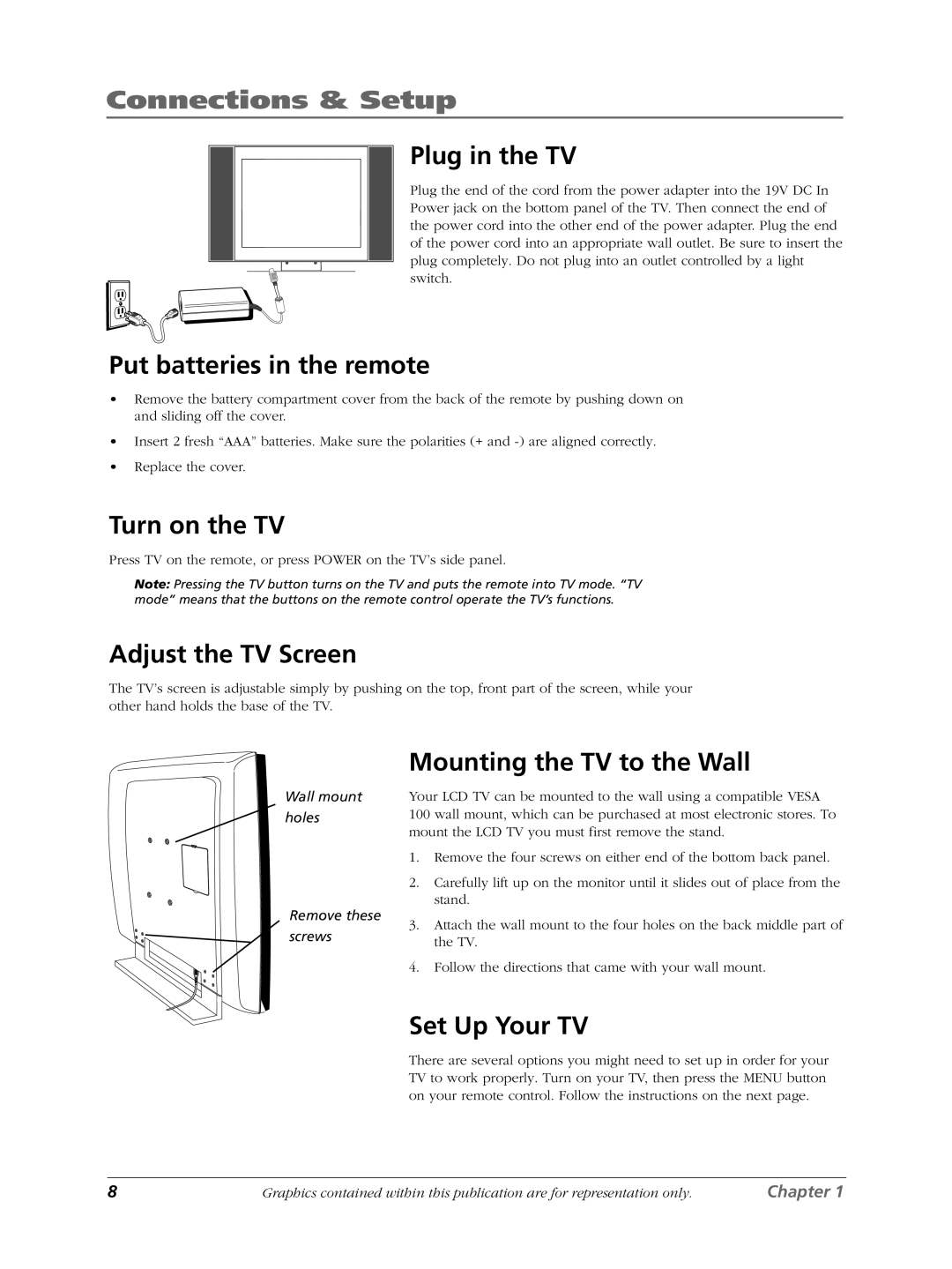 RCA LCDS2022B manual Plug in the TV, Put batteries in the remote, Turn on the TV, Adjust the TV Screen, Set Up Your TV 