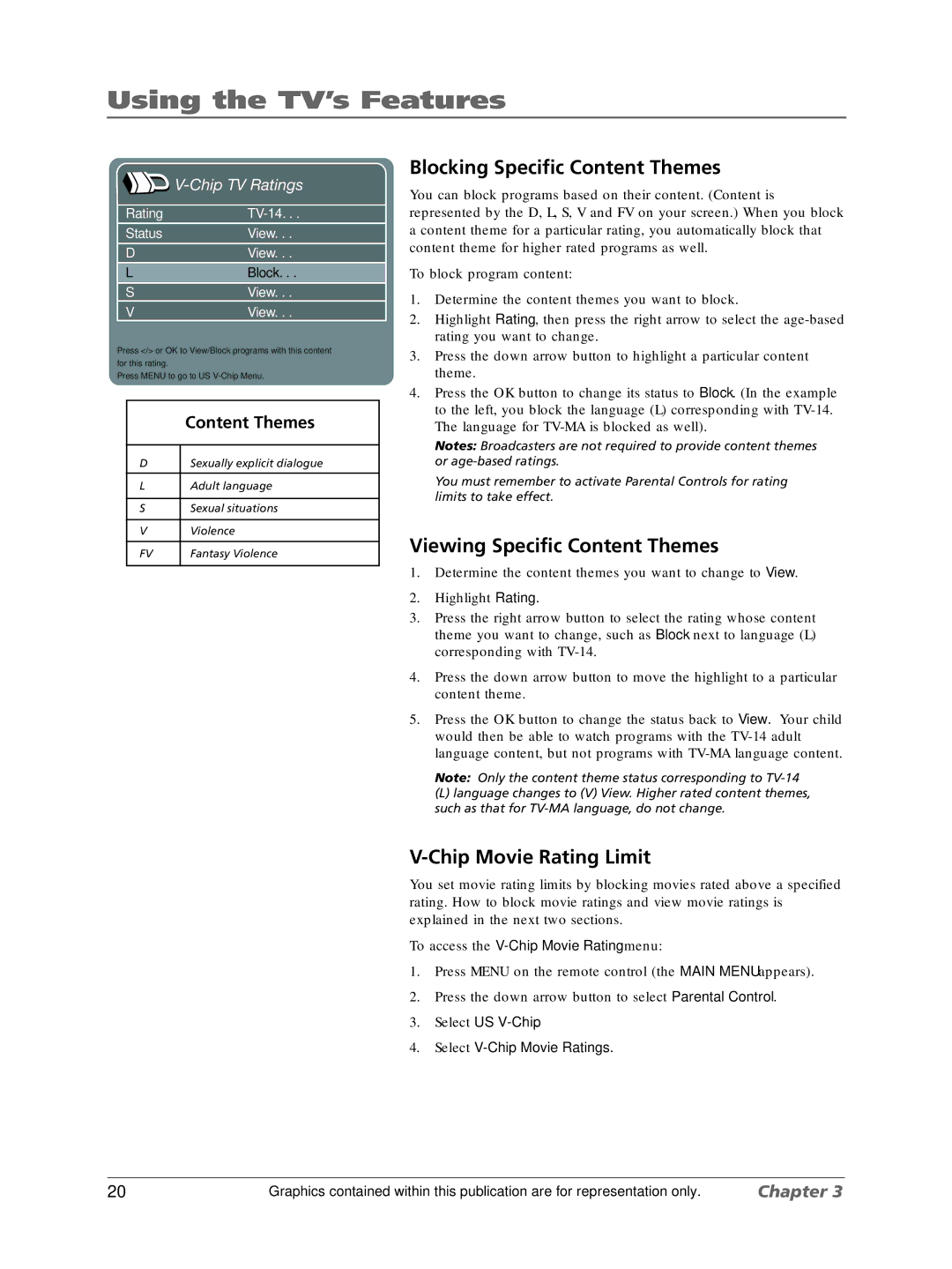 RCA LCDS2022B Blocking Specific Content Themes, Viewing Specific Content Themes, Chip Movie Rating Limit, Chip TV Ratings 