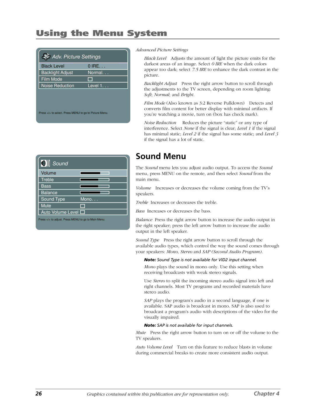 RCA LCDS2022B manual Sound Menu, Adv. Picture Settings 