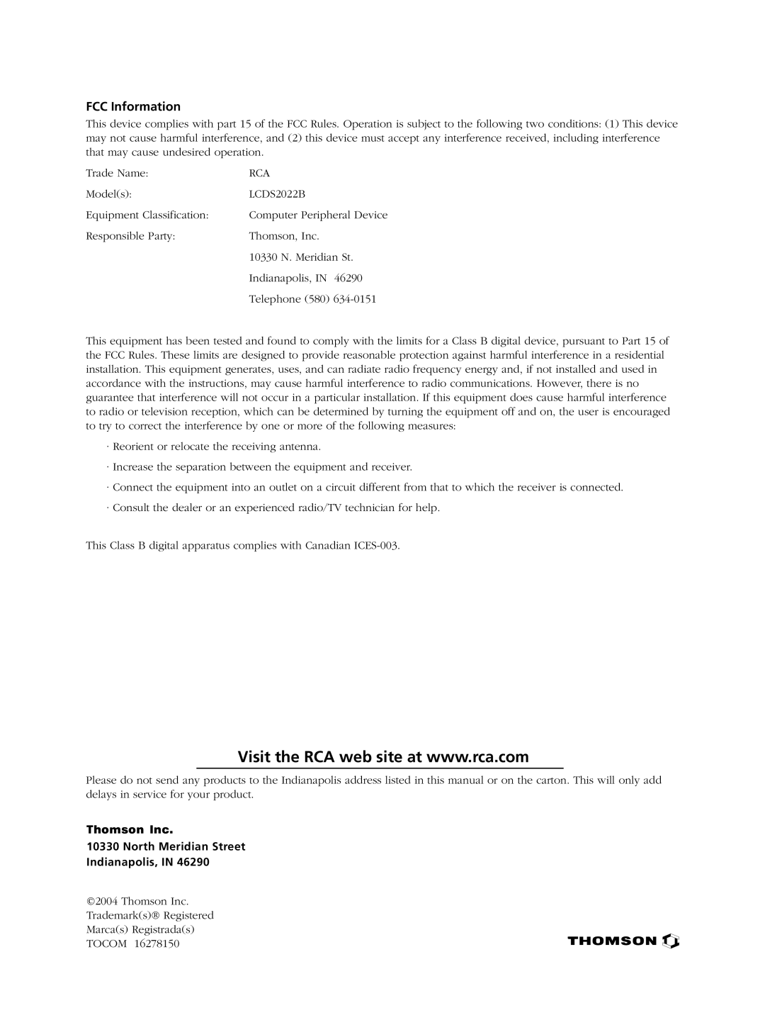 RCA LCDS2022B manual FCC Information 