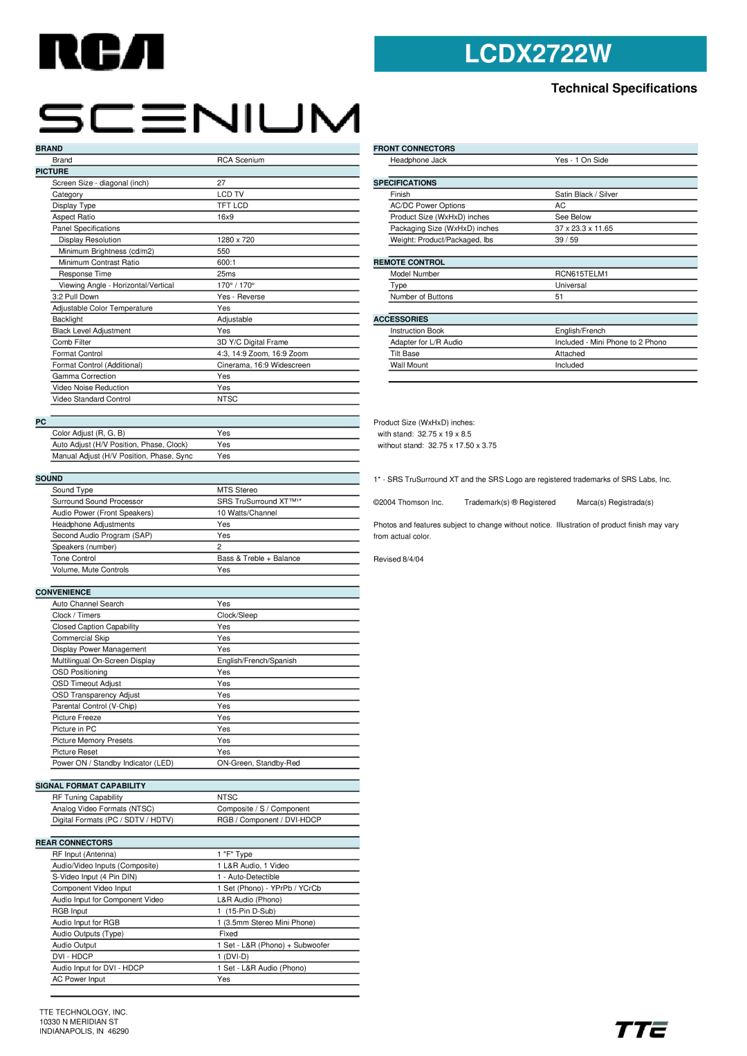 RCA LCDX2722W Brand, Picture, Sound, Convenience, Signal Format Capability, Rear Connectors, Front Connectors, Accessories 