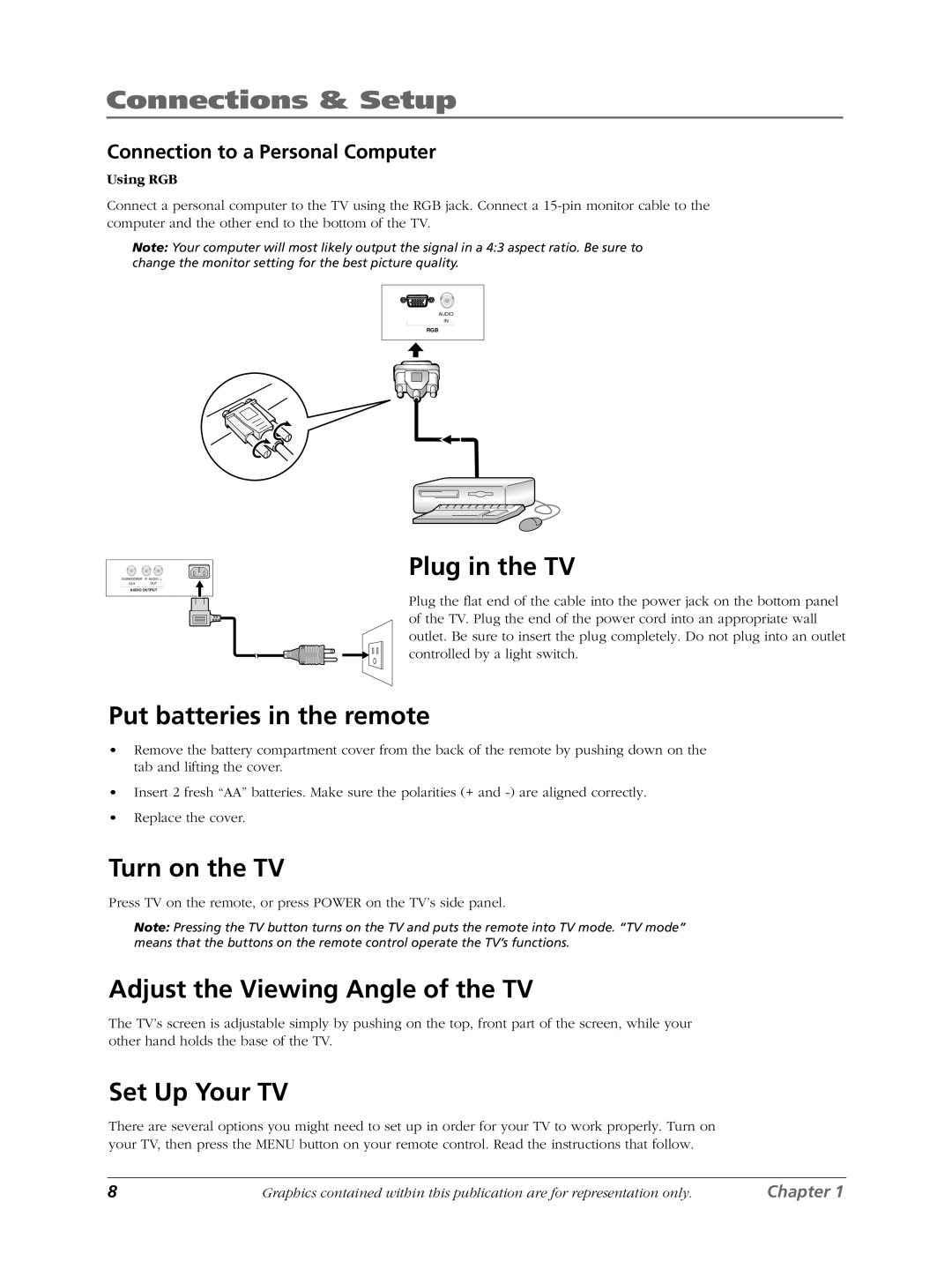 RCA LCDX3022W manual Plug in the TV, Put batteries in the remote, Turn on the TV, Adjust the Viewing Angle of the TV 