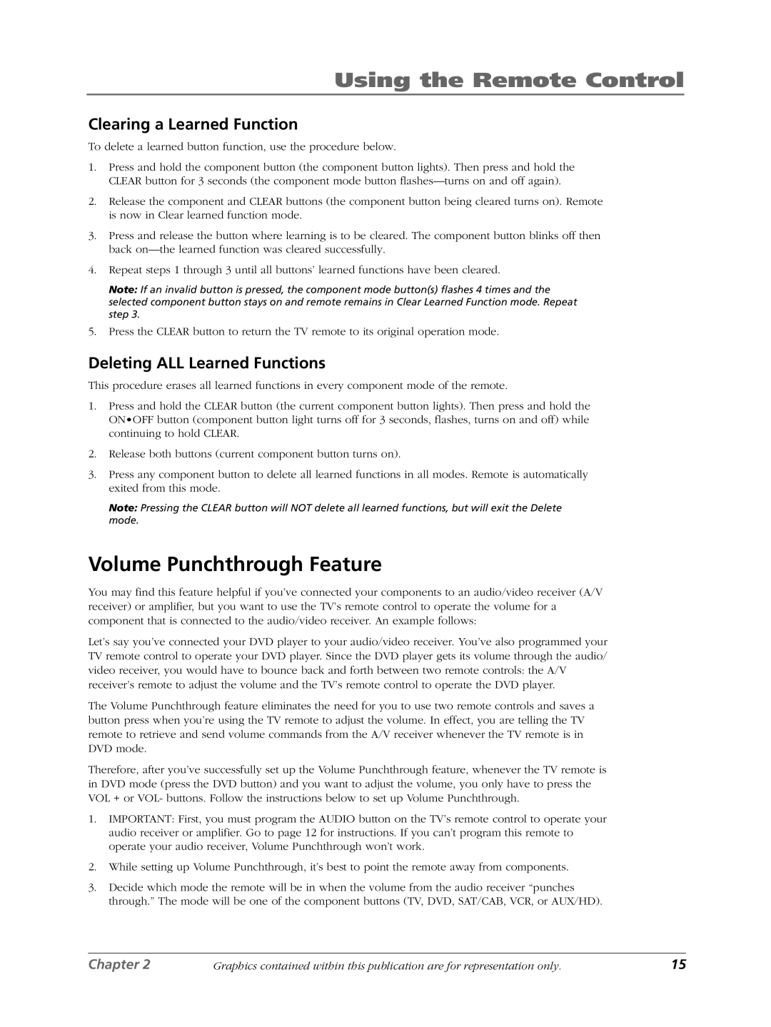 RCA LCDX3022W manual Volume Punchthrough Feature, Clearing a Learned Function, Deleting ALL Learned Functions 