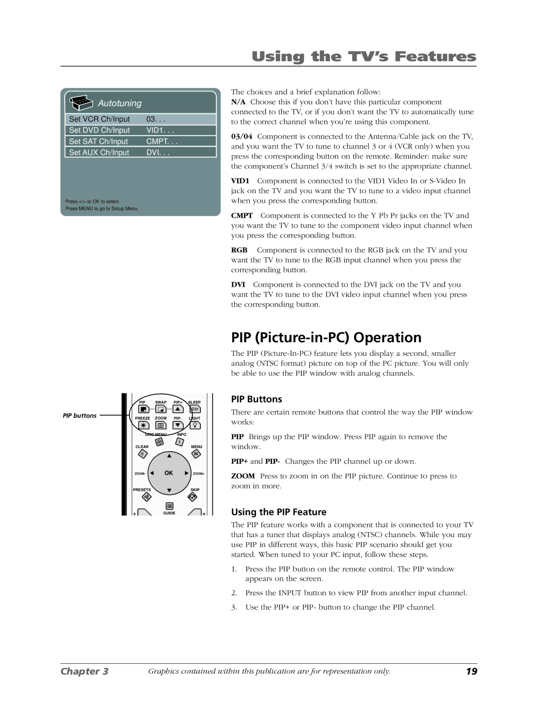 RCA LCDX3022W manual PIP Picture-in-PC Operation, PIP Buttons, Using the PIP Feature, Autotuning 