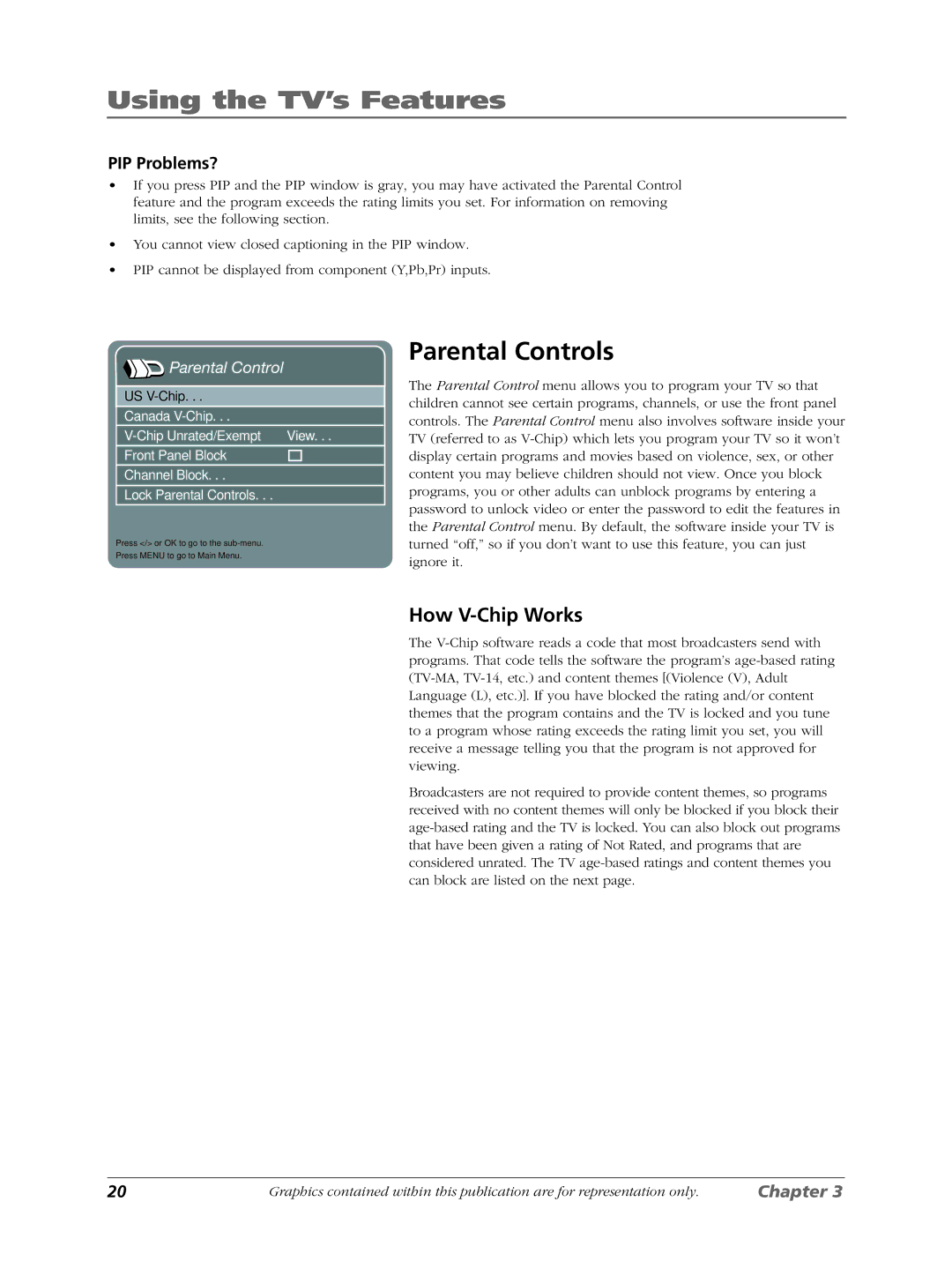 RCA LCDX3022W manual Parental Controls, How V-Chip Works, PIP Problems? 