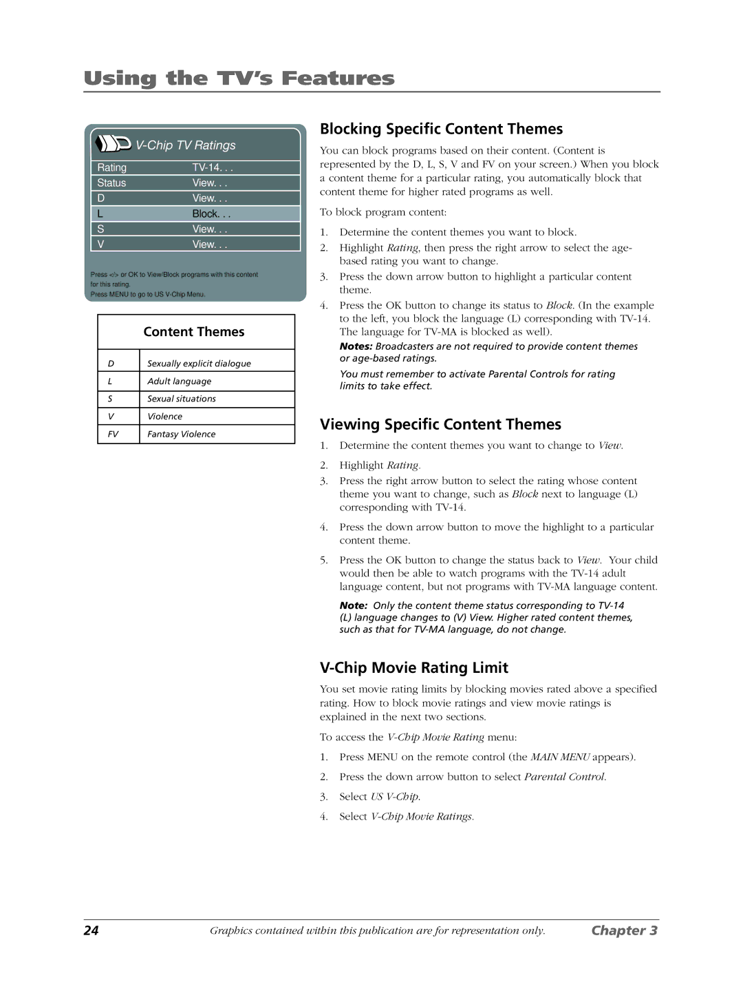 RCA LCDX3022W Blocking Specific Content Themes, Viewing Specific Content Themes, Chip Movie Rating Limit, Chip TV Ratings 