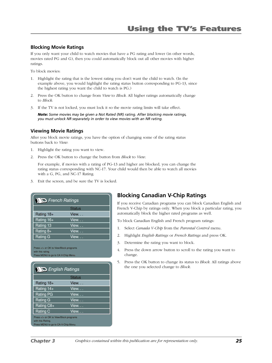 RCA LCDX3022W manual Blocking Canadian V-Chip Ratings, Blocking Movie Ratings, Viewing Movie Ratings, French Ratings 