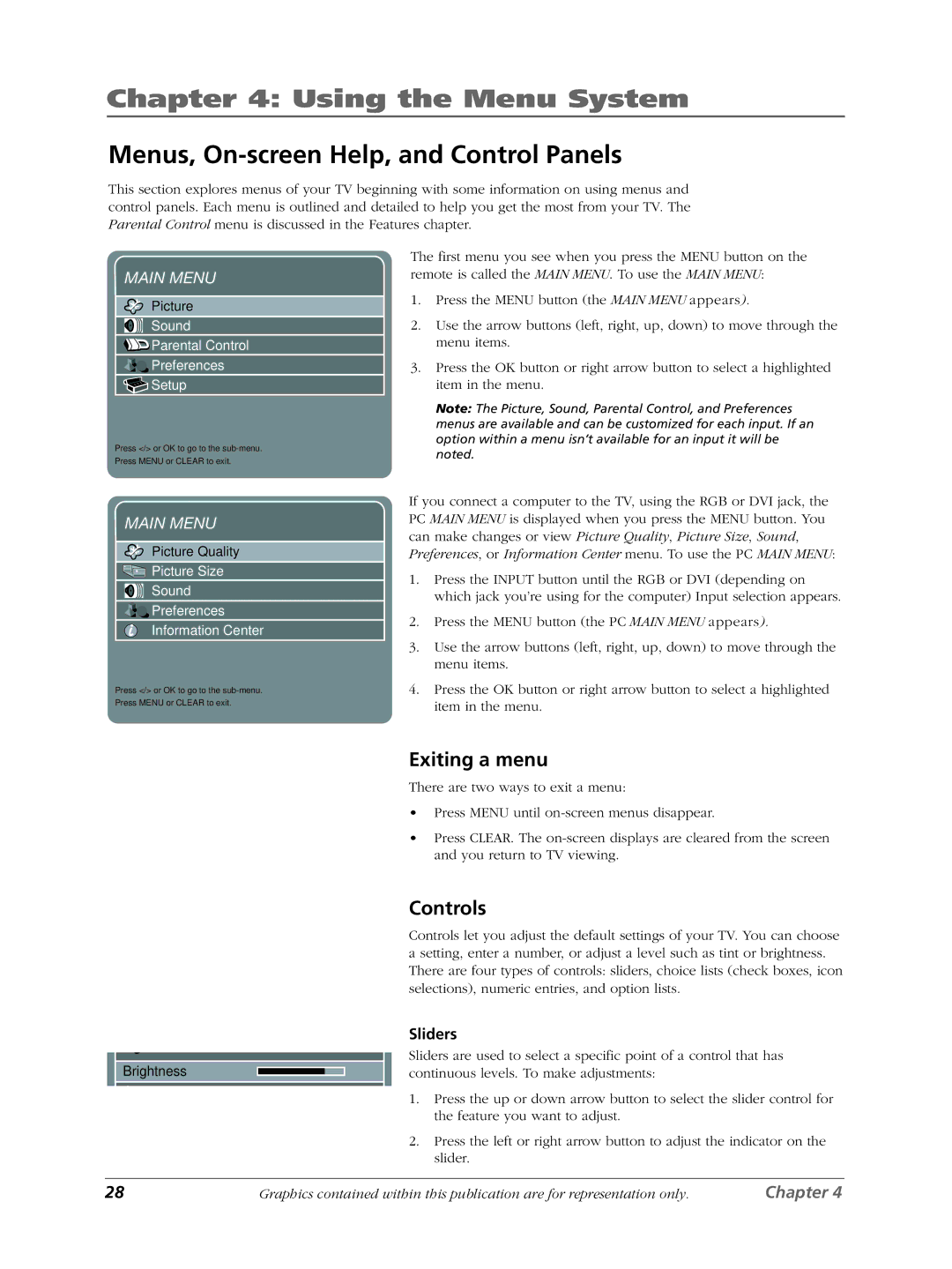 RCA LCDX3022W manual Using the Menu System, Menus, On-screen Help, and Control Panels, Exiting a menu, Controls, Sliders 