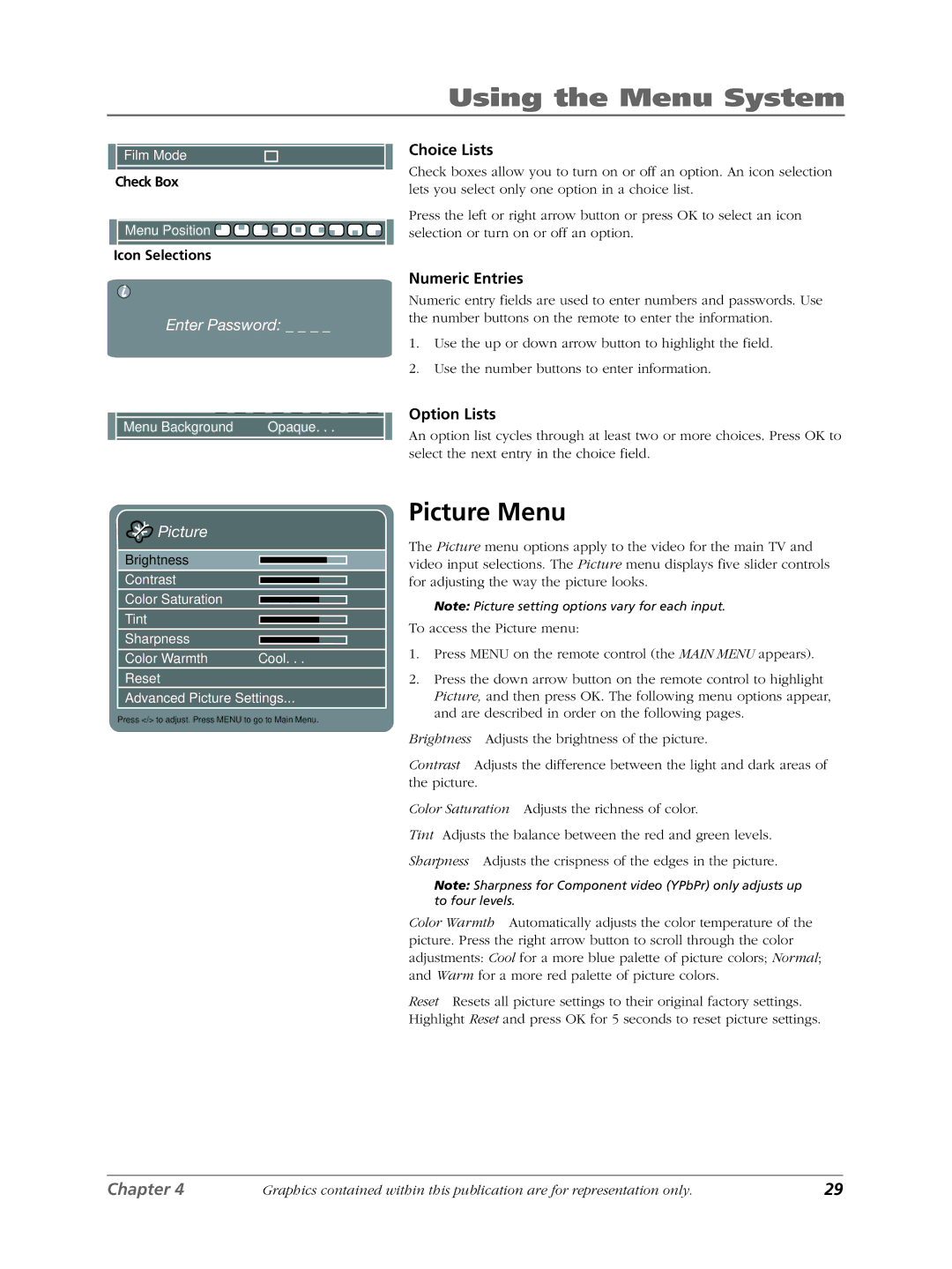 RCA LCDX3022W manual Picture Menu, Choice Lists, Numeric Entries, Option Lists 