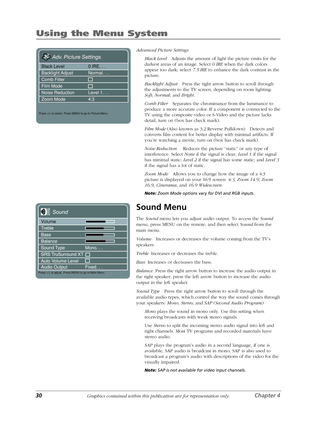 RCA LCDX3022W manual Sound Menu, Adv. Picture Settings 