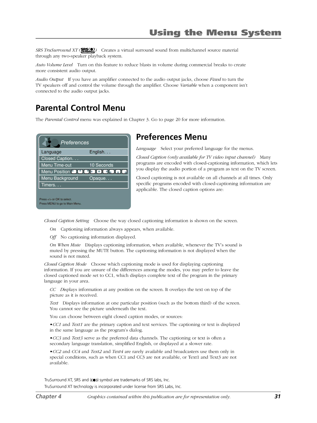 RCA LCDX3022W manual Parental Control Menu, Preferences Menu 