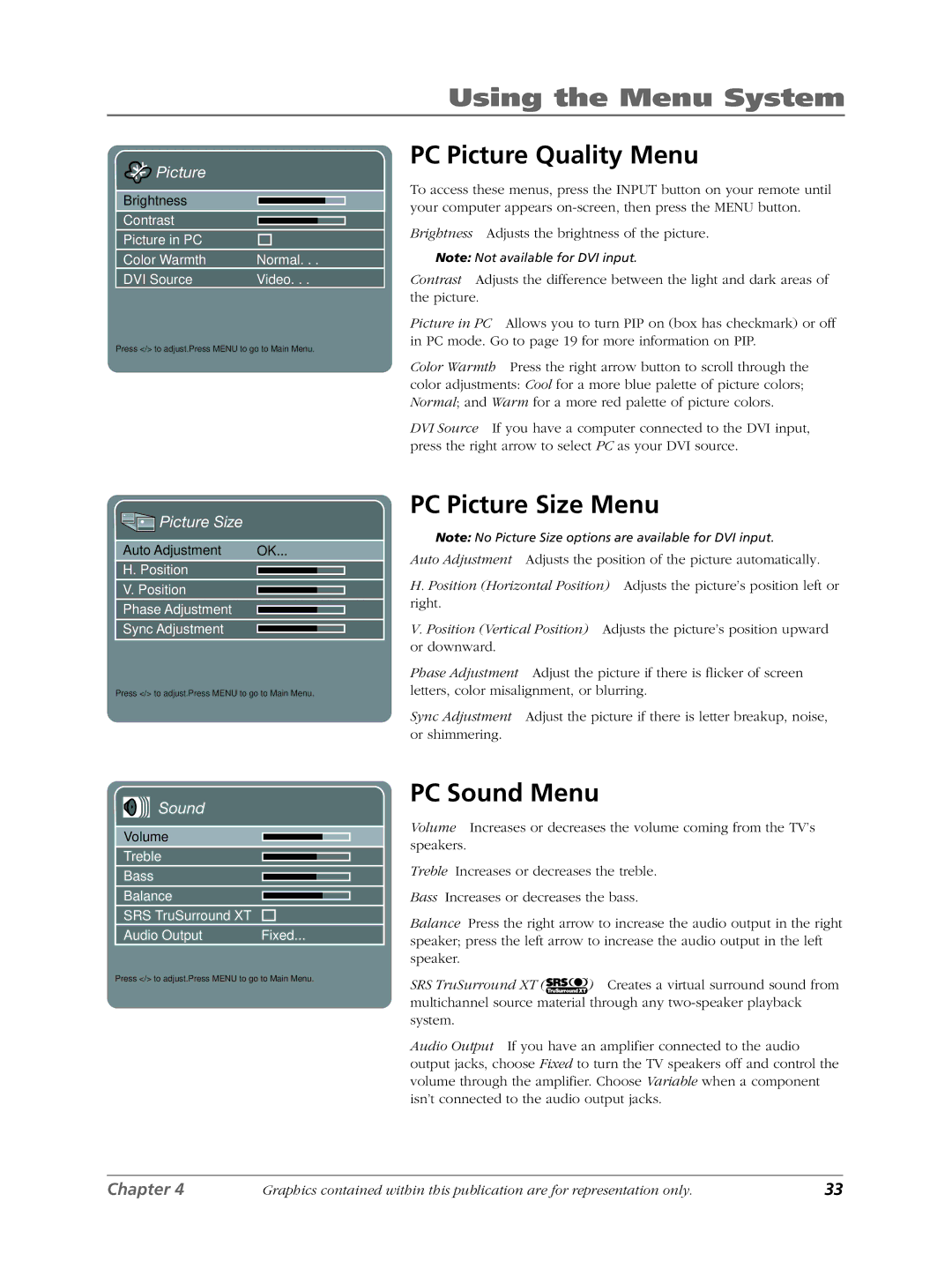 RCA LCDX3022W manual PC Picture Quality Menu, PC Picture Size Menu, PC Sound Menu 