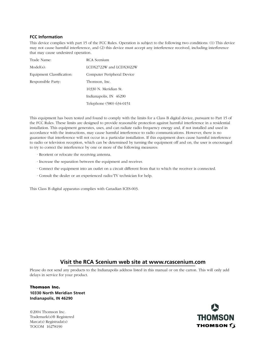 RCA LCDX3022W manual FCC Information 