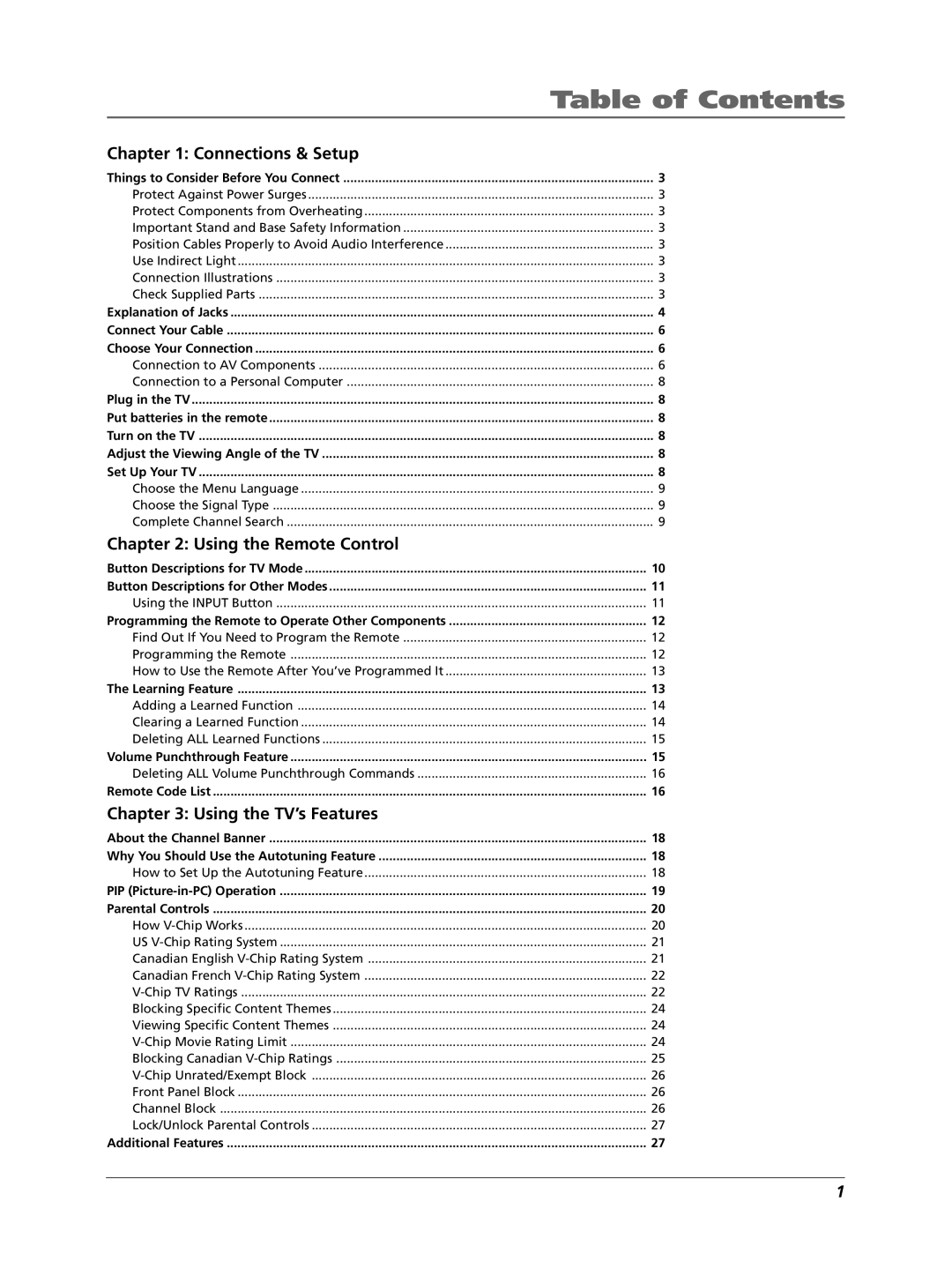 RCA LCDX3022W manual Table of Contents 