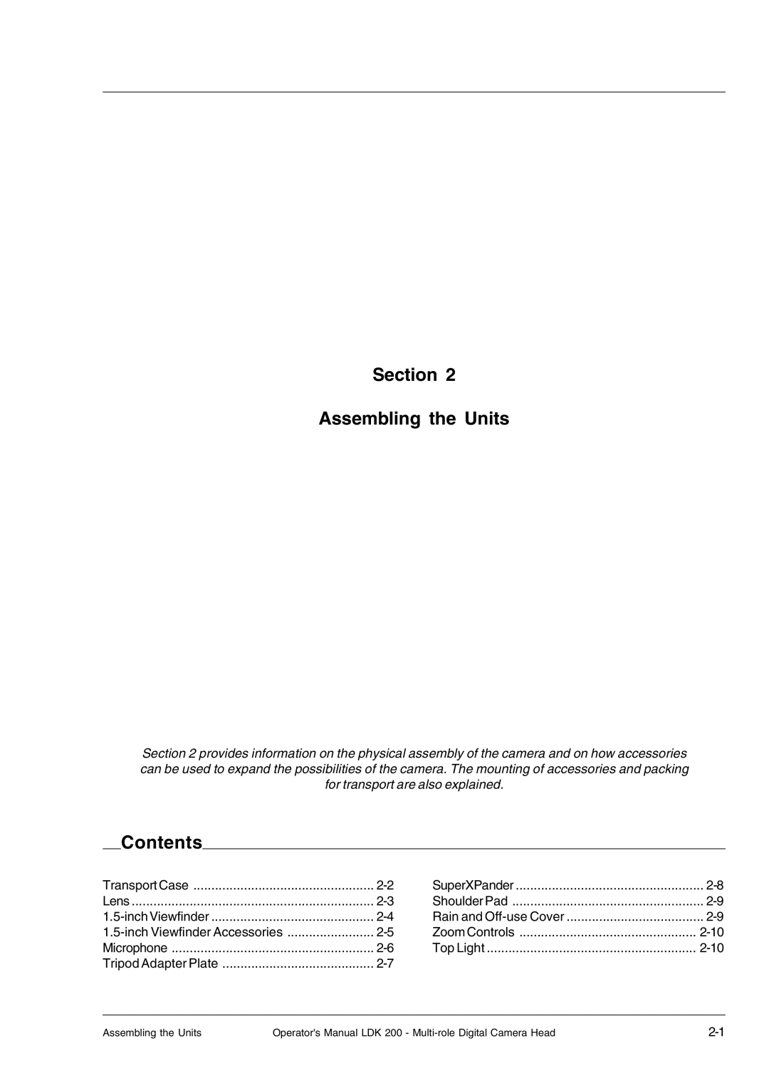 RCA LDK 200 manual Section Assembling the Units, Contents 