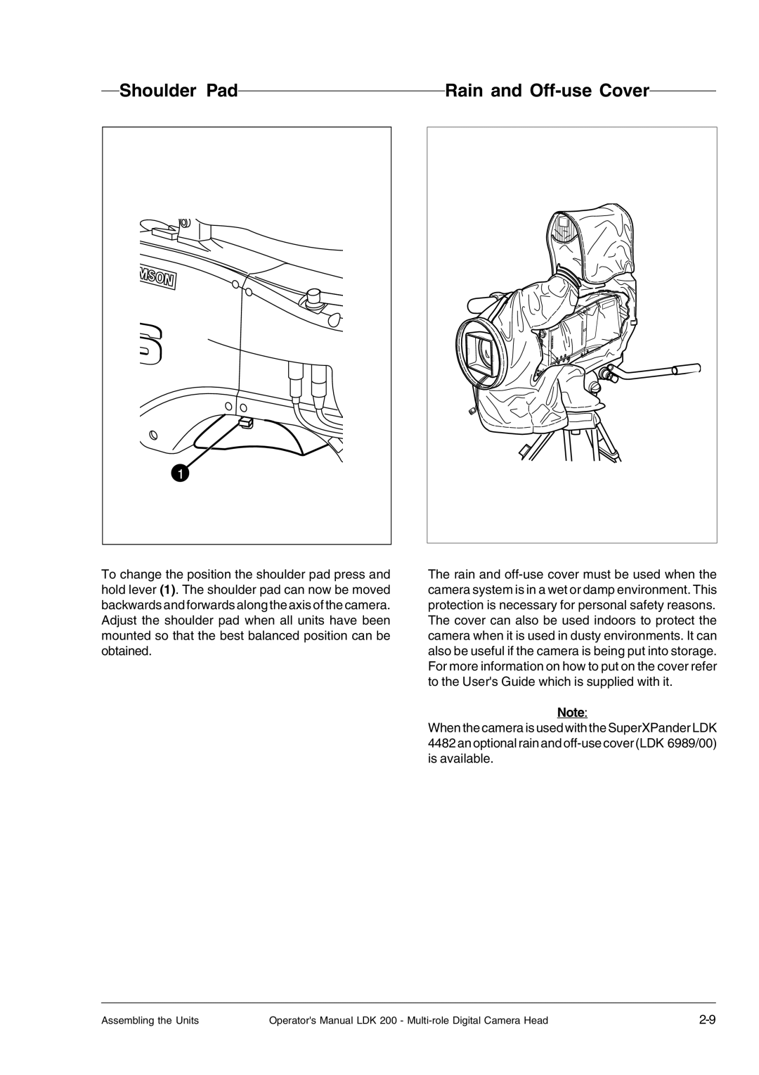 RCA LDK 200 manual Shoulder Pad, Rain and Off-use Cover 