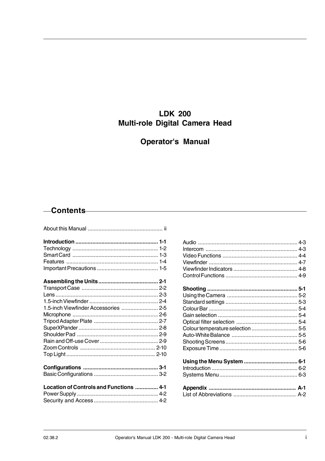 RCA LDK 200 manual LDK Multi-role Digital Camera Head Operators Manual Contents 